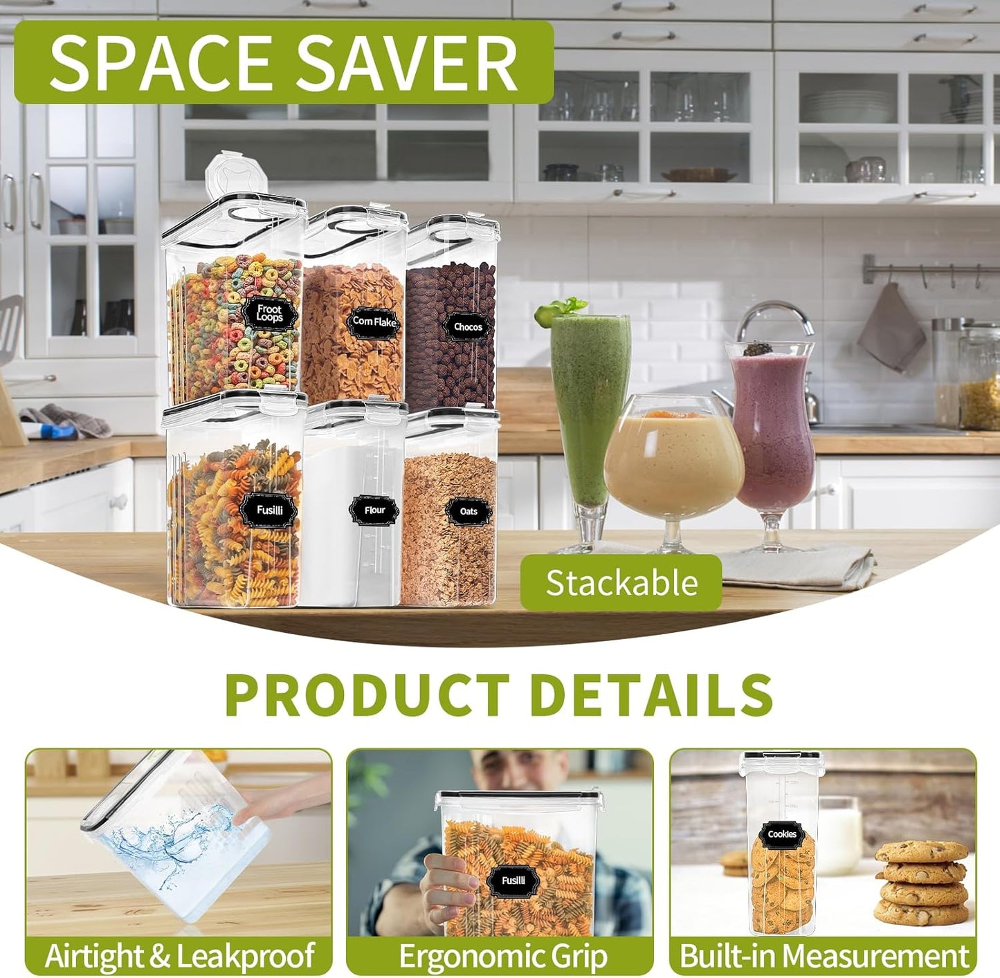 Skroam 4PCS Cereal Containers Storage [4L/135.2 oz], Airtight Food Storage Containers with Pour Spout for Kitchen & Pantry Organization Storage, Plastic Cereal Dispensers, Measuring Cup & 20 Labels