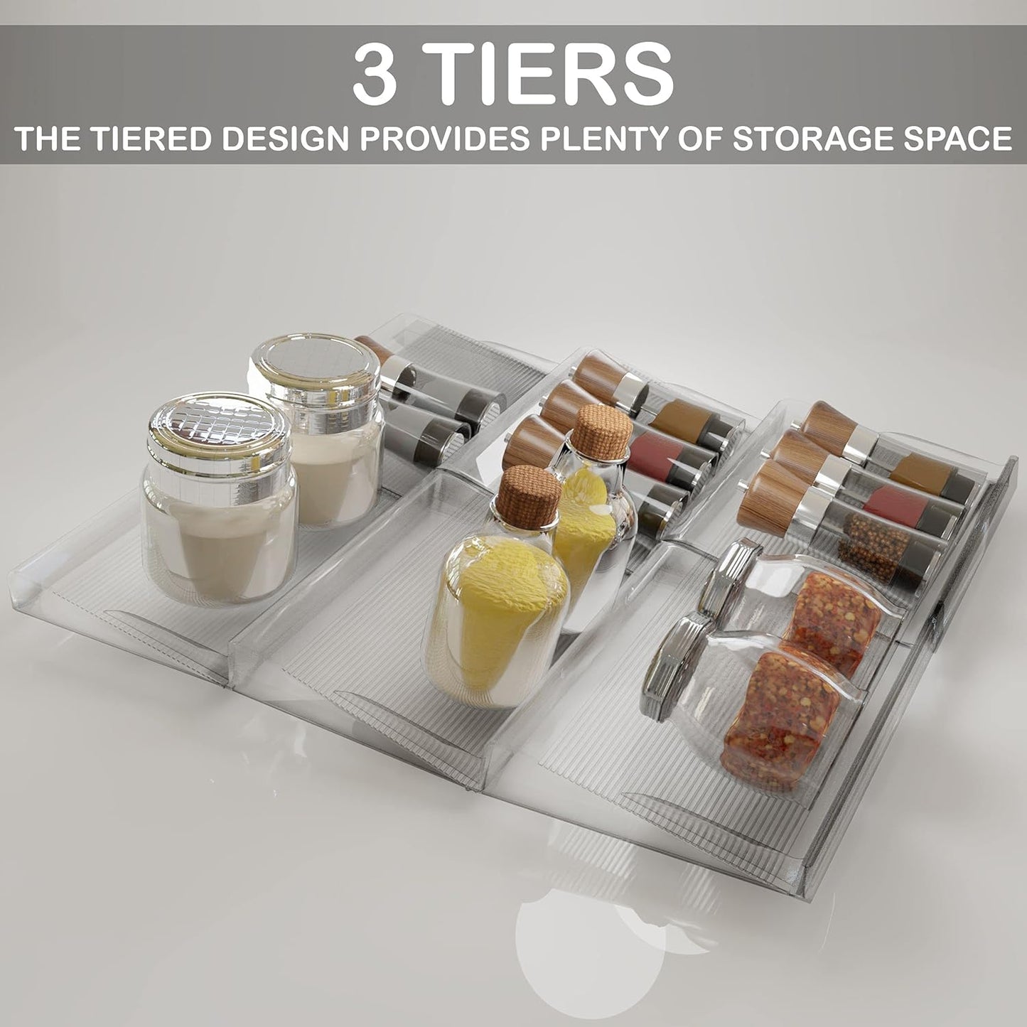 BaHoki Essentials 3 Tier Spice Rack- Kitchen Drawer Organizer - Clear Plastic Storage Rack for Kitchen Pantry - Perfect for Salt, Pepper, Spices and Seasonings
