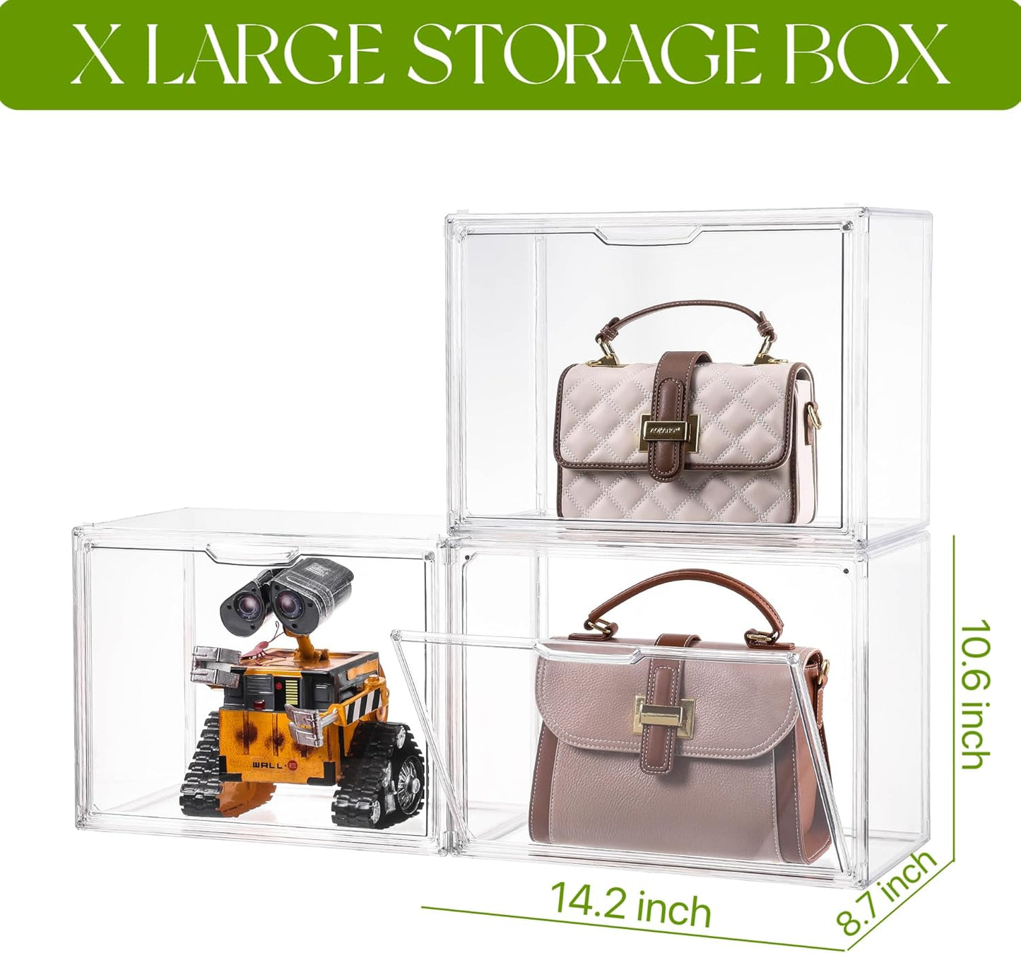 Purse Organizer for Closet, Clear Acrylic Display Case, Large Handbag Storage Organizer with Magnetic Door, 4 Pack Plastic Acrylic Boxes for Wallet, Cosmetic, Collectibles (X Large)