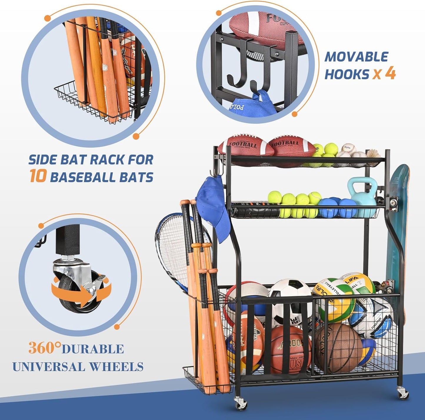 PLKOW Sports Equipment Organizer - Garage Storage Rack with Basket and Hooks, Ball Storage, Toy and Gear Organizer, Black