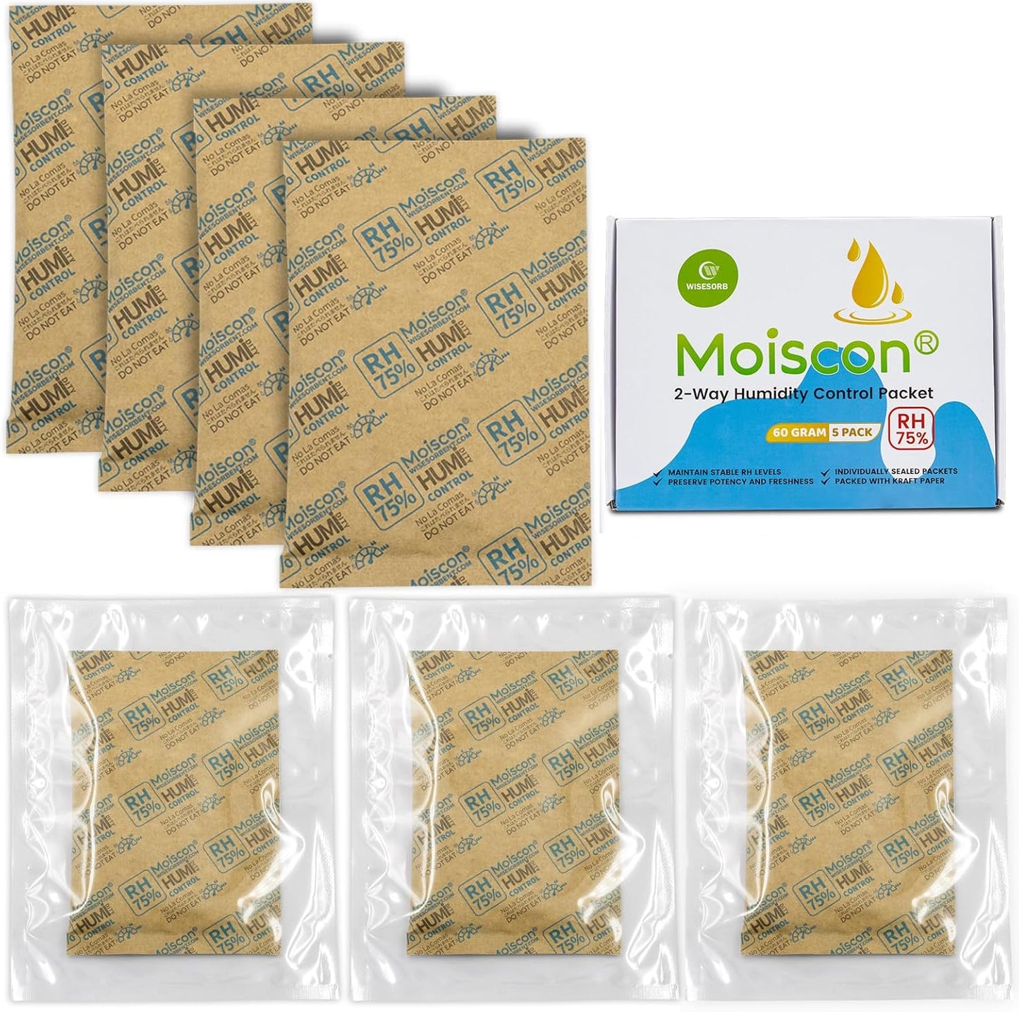 75% Two-Way Humidity Control Packs - 60 Gram - 90 Pack - Moisture Control Packets Individually Wrapped for Storing 1 lb, Humidifier Packs for Storage Containers Hydration Packets