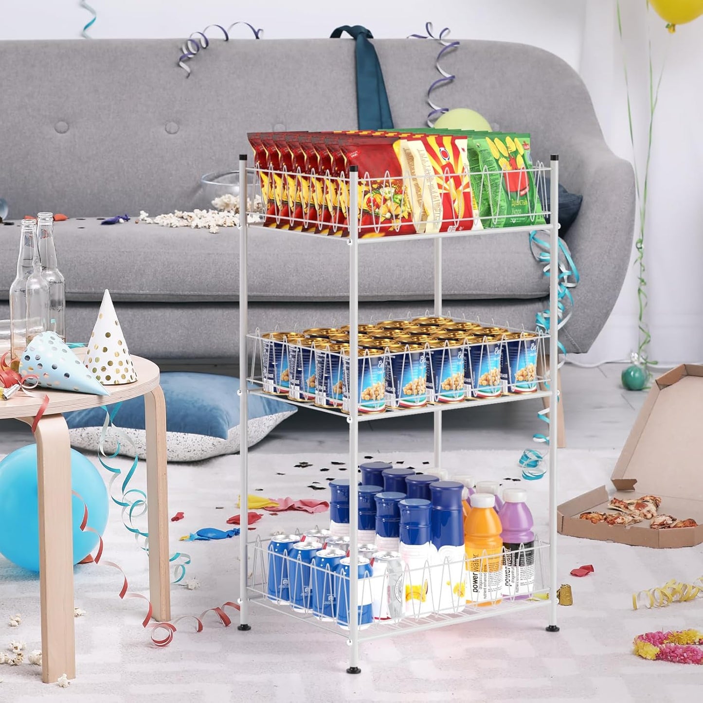 Water Bottle Organizer 3 Tier Vertical Bottled Water Holder Freestanding Metal Drink Storage Shelf Beverage Can Rack, Kitchen Pantry Tumbler Cup Organizer for Floor, Silver