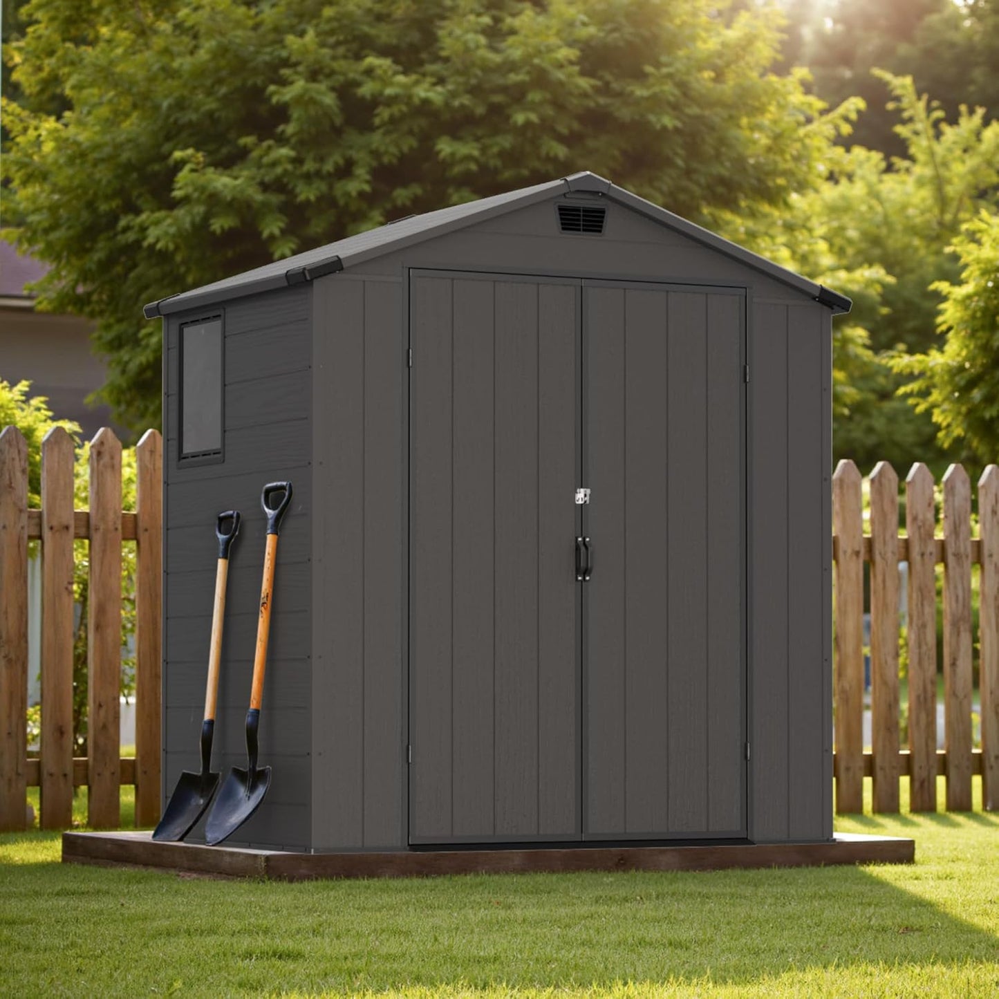 Greesum 6x4FT Plastic Outdoor Storage Shed with Floor, Resin Sheds with Lockable Double Door, Window & Vents, All-Weather Tool Sheds for Garden, Backyard, Patio, Dark Gray