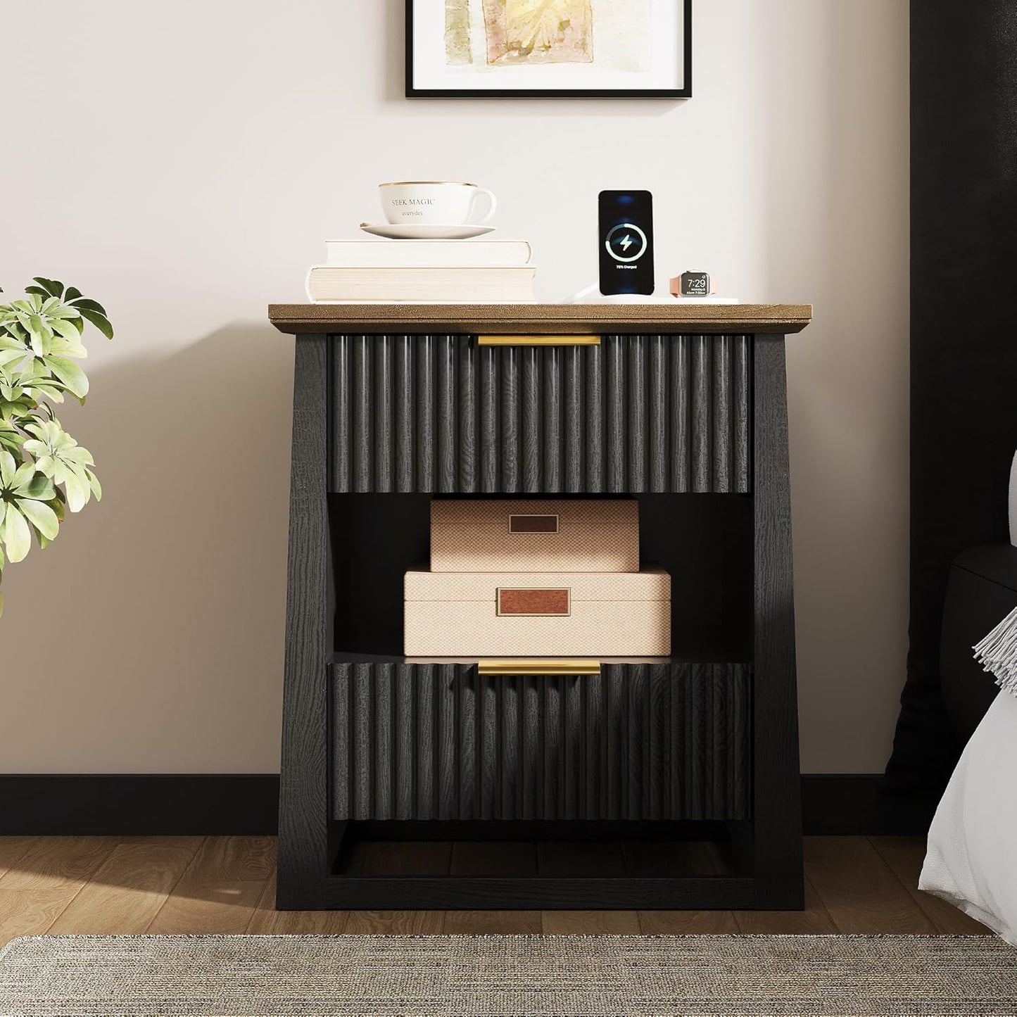 HIFYOBRO Fluted Nightstands Set of 2 with Charging Station & Motion Sensor Light, Modern Bedside Tables with 2 Drawers and Storage Shelf for Bedroom, Black