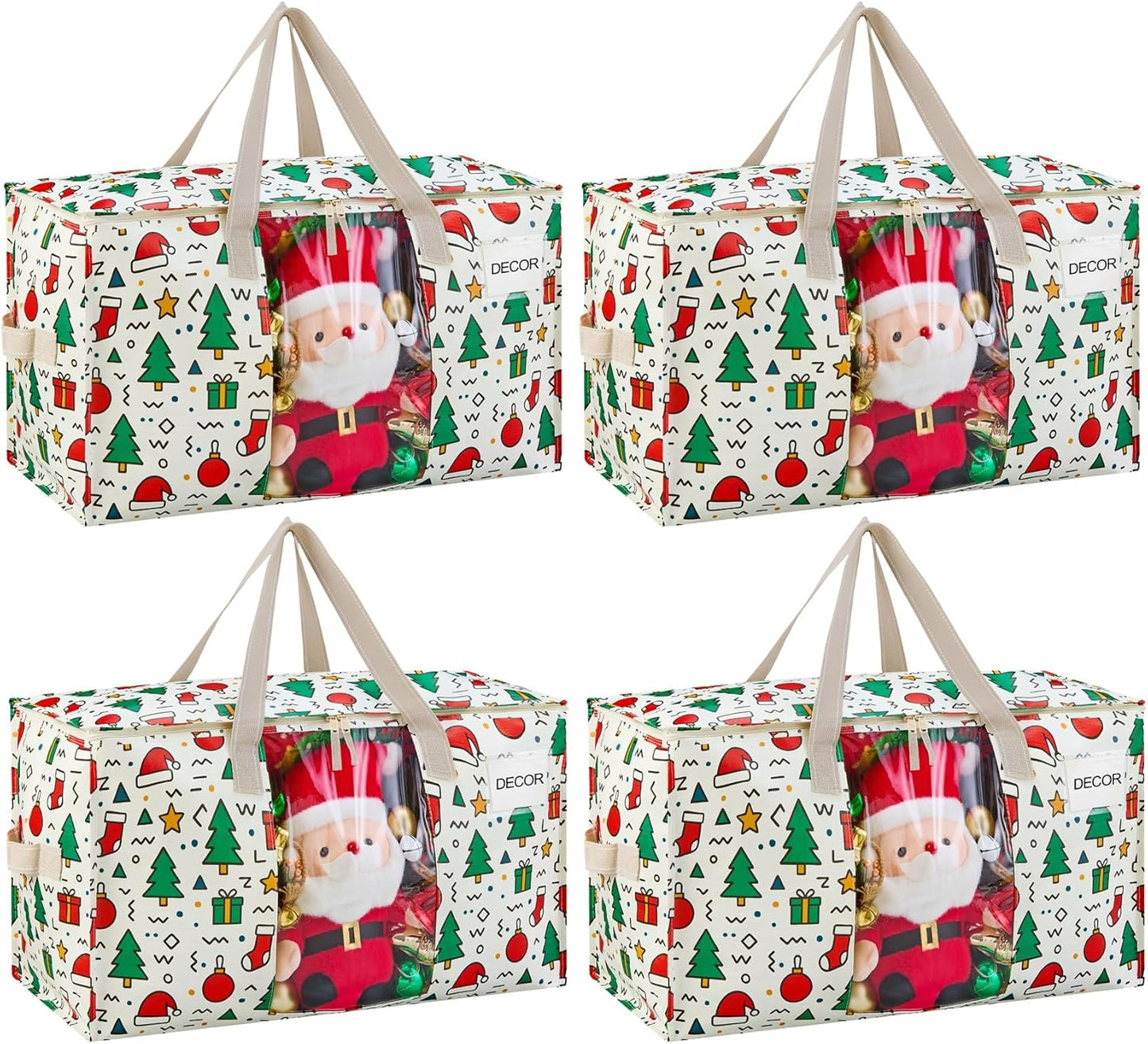 VENO 4 Pack Moving Bags, Large Christmas Storage Bins with lids, Packing Supplies for College, Alternative to Moving Boxes, Foldable, Heavy-Duty Tote, Christmas Pattern (Jingle Mix, 4 Pack)