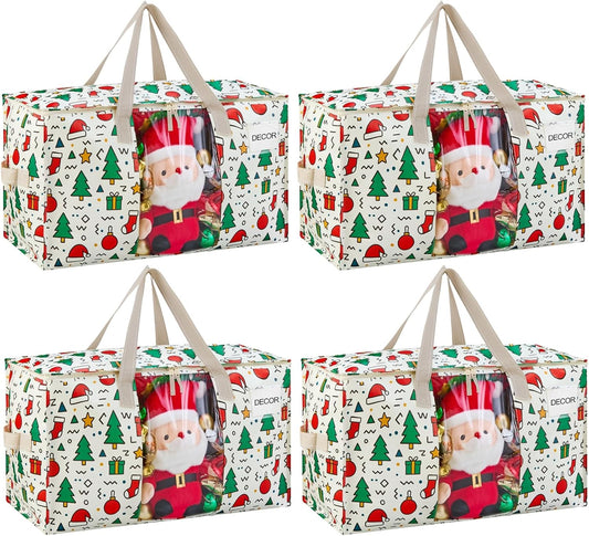 VENO 4 Pack Moving Bags, Large Christmas Storage Bins with lids, Packing Supplies for College, Alternative to Moving Boxes, Foldable, Heavy-Duty Tote, Christmas Pattern (Jingle Mix, 4 Pack)