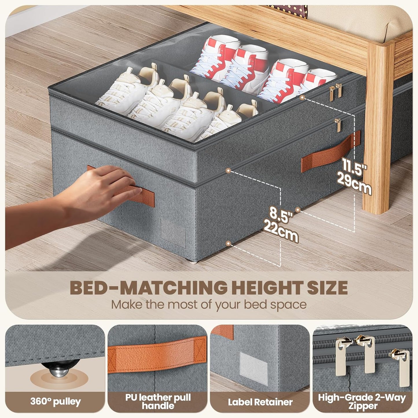 Under Bed Storage with Wheels, 2Pack 71L Under the Bed Storage Containers, Adjustable Underbed Drawer with Lids, Underbed storage Rolling Bin for Shoes, Clothes, Blankets, Grey