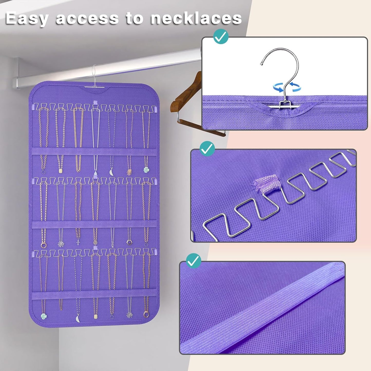 Hanging Jewelry Organizer Storage, 40 Pockets 36 Hooks Necklace Earring Necklace Bracelet Ring Organizer, Double - Sided Design, Purple