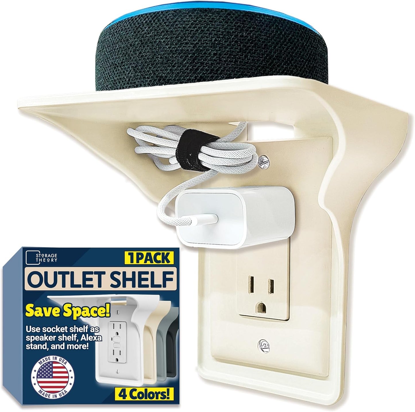 BeraTek Power Perch Wall Outlet Shelf with Cord Storage Strap - Declutter & Reclaim Bathroom Counter Space - Echo Dot Stand, Homepod Mini Wall Mount, Smart Home Devices Organizer - Almond, 1-Pack