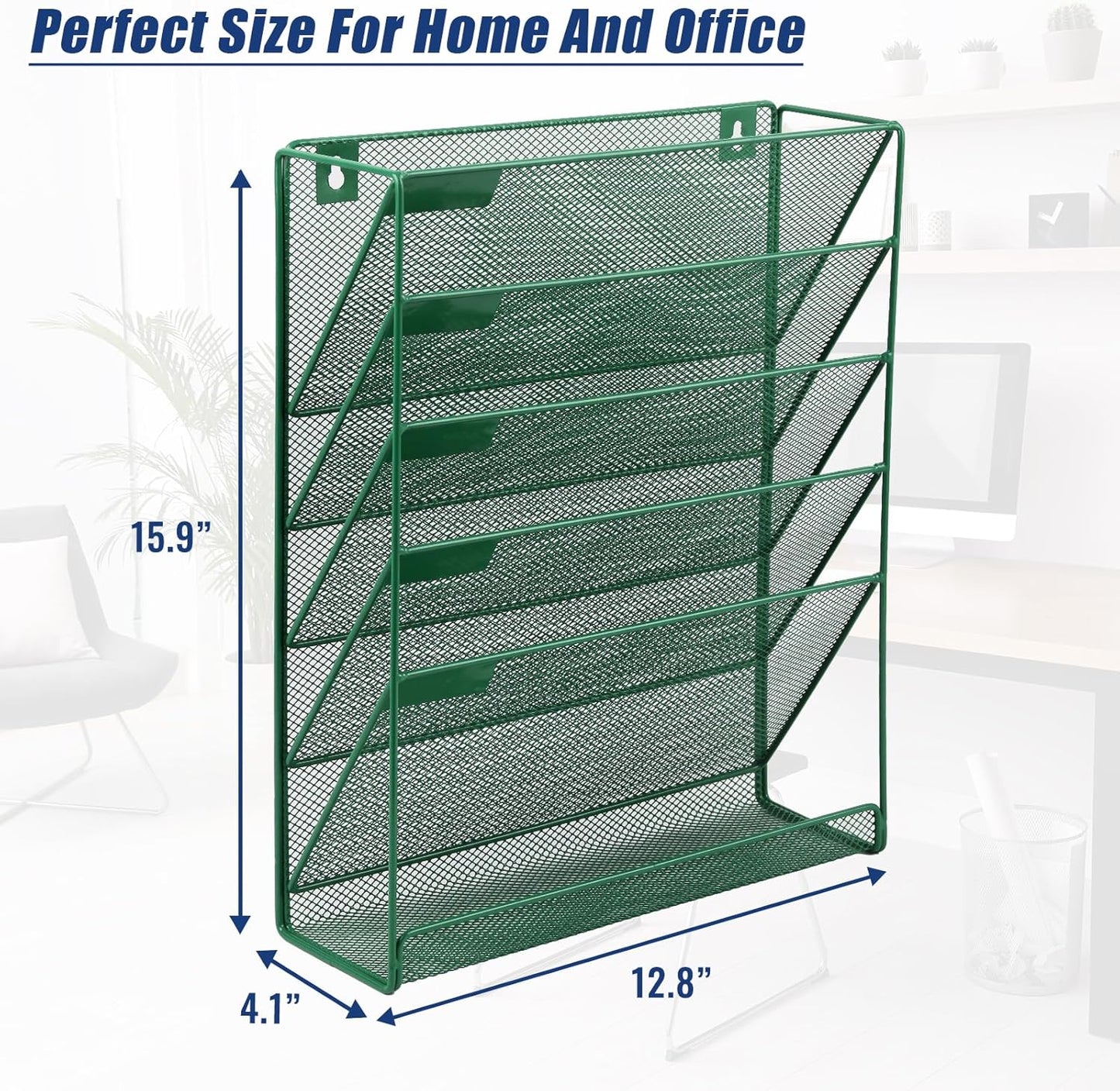 EASEPRES Desk File Organizer Mesh 6-Tier, Hanging Wall Mount Document Organization Stand, Desktop Vertical Mail Paper Folder Holder Rack with Bottom Tray for Office Home Cubicle Countertop, Dark Green