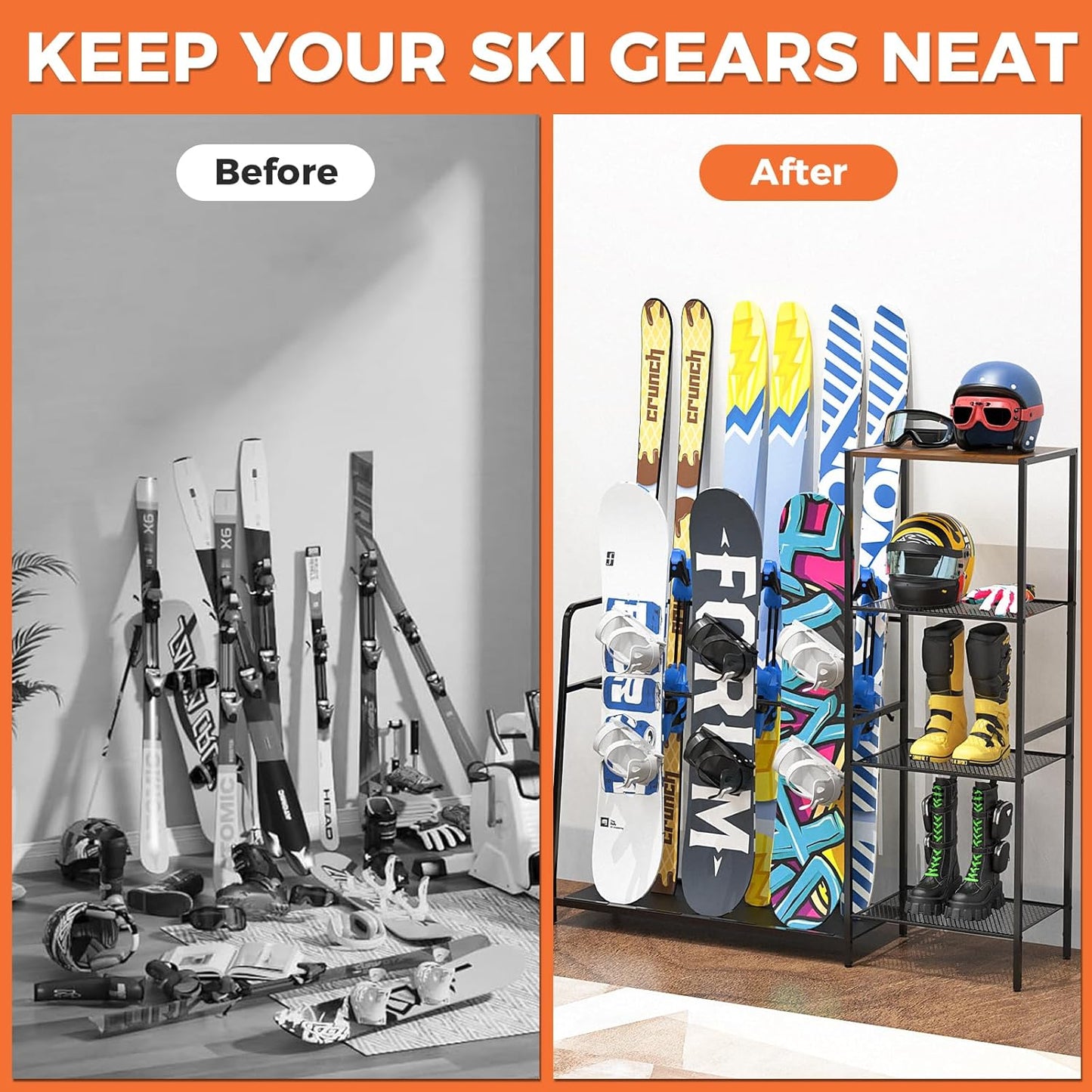 Freestanding Snowboard Rack, 4 Pair Ski, 3 Pack Snowboard, Boot, Pole, Goggles, Snowboard Gear, Ski Rack for Garage