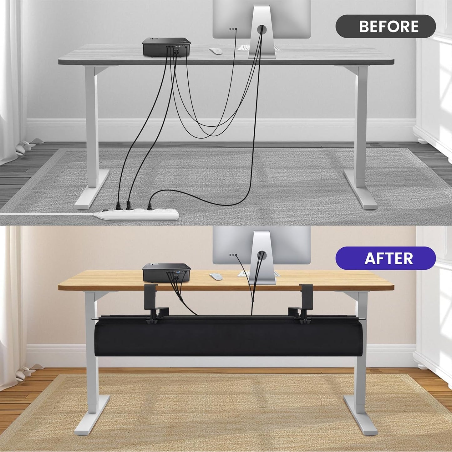 Under Desk Cable Management Tray, Clamp-On Cord Organizer，No Drilling Required, Holds Up to 22 lbs, for Cords, Routers, Power Strips (Black, 28.4inch)