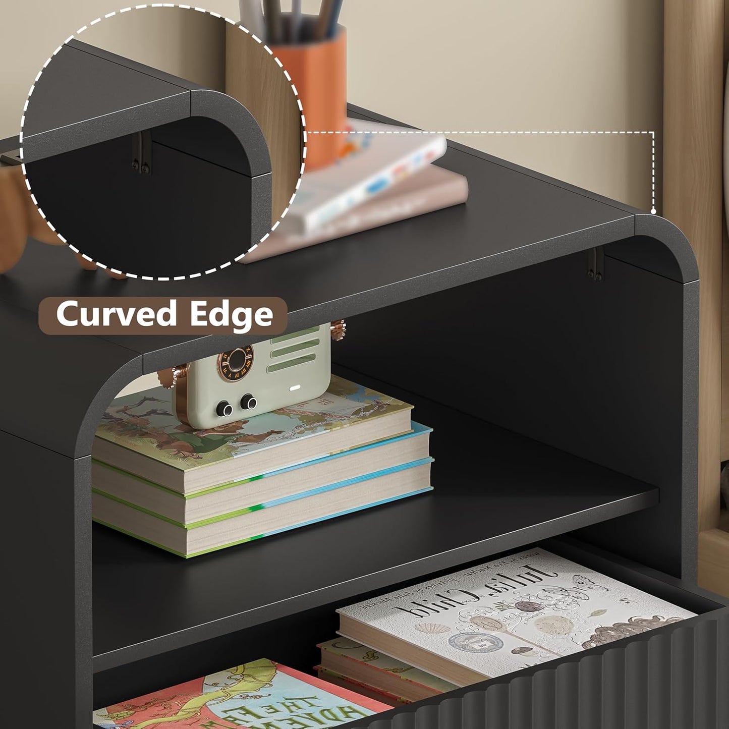 Dresser with 2 Drawers and Charging Station, Fluted Bedside Table with Round Curved Corner, Hidden Handles, 2 AC Outlets and 2 USB Ports, Modern Wood End Table with Open Shelf for Bedroom