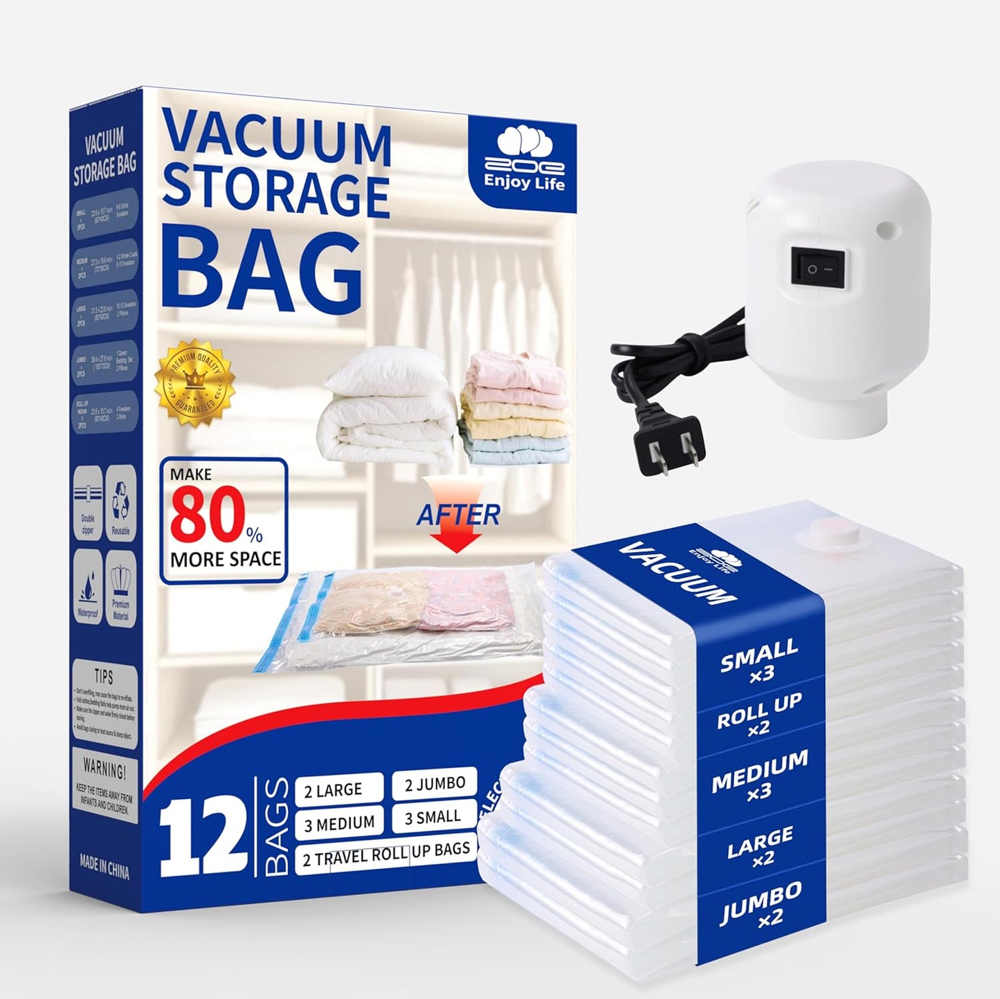 Vacuum Storage Bags for Clothing Travel,12 Pack Vacuum Bags with Pump,Space Saver Bag for Clothes Travel & Home(2 Roll Up Bags,3 Small,3 Medium,2 Large,2 Jumbo)