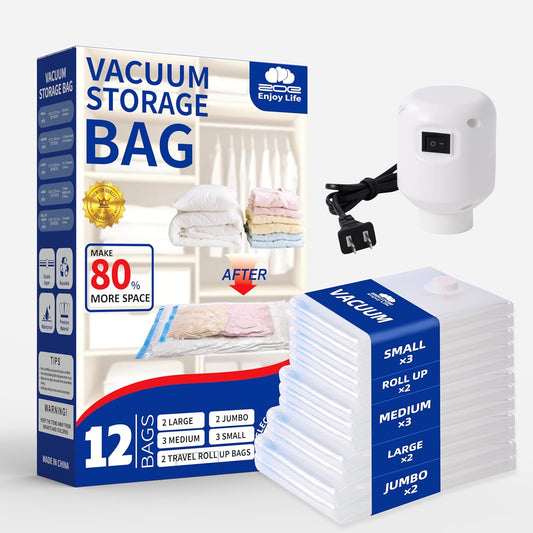 Vacuum Storage Bags for Clothing Travel,12 Pack Vacuum Bags with Pump,Space Saver Bag for Clothes Travel & Home(2 Roll Up Bags,3 Small,3 Medium,2 Large,2 Jumbo)