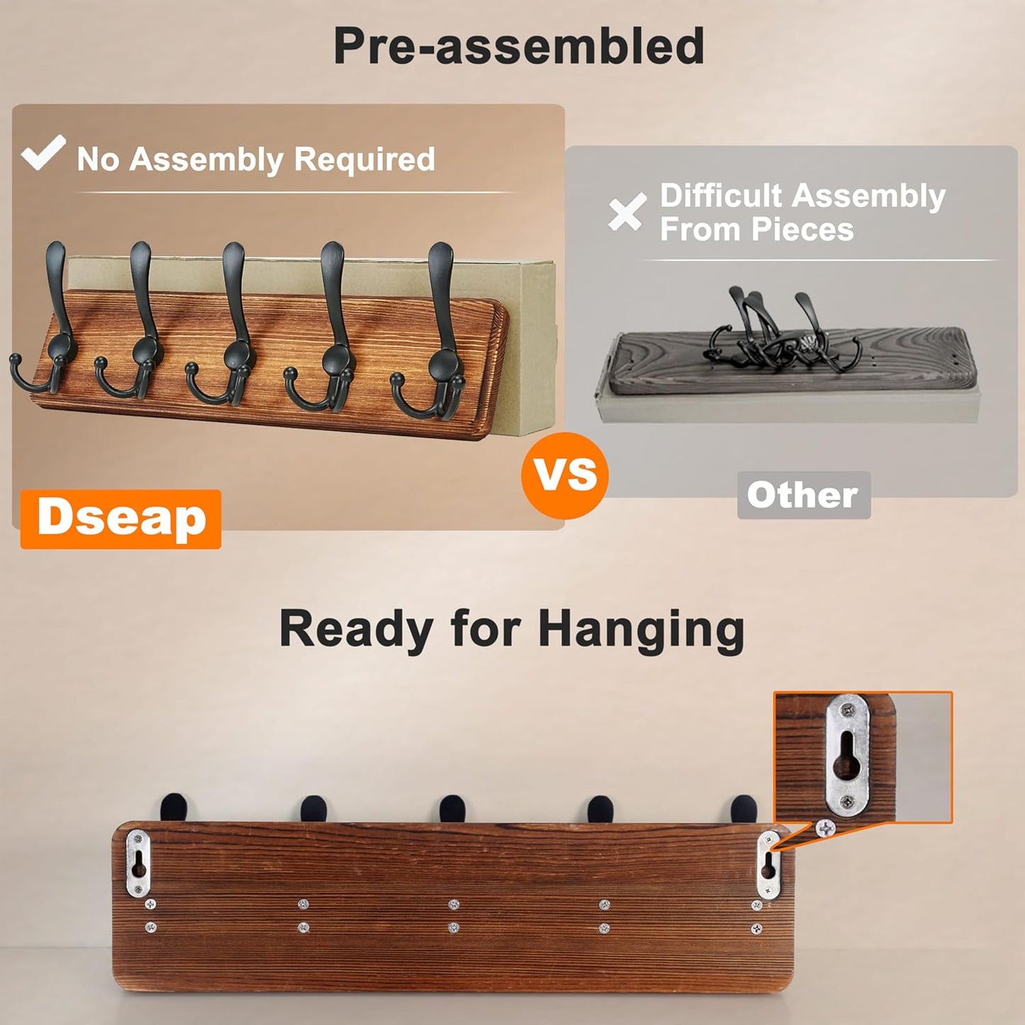 Dseap Coat Rack Wall Mounted - 5 Tri Hooks, Heavy Duty, Wooden Wall Coat Hanger Coat Hook for Clothes Hat Jacket Clothing, Natural & Black, 2 Packs