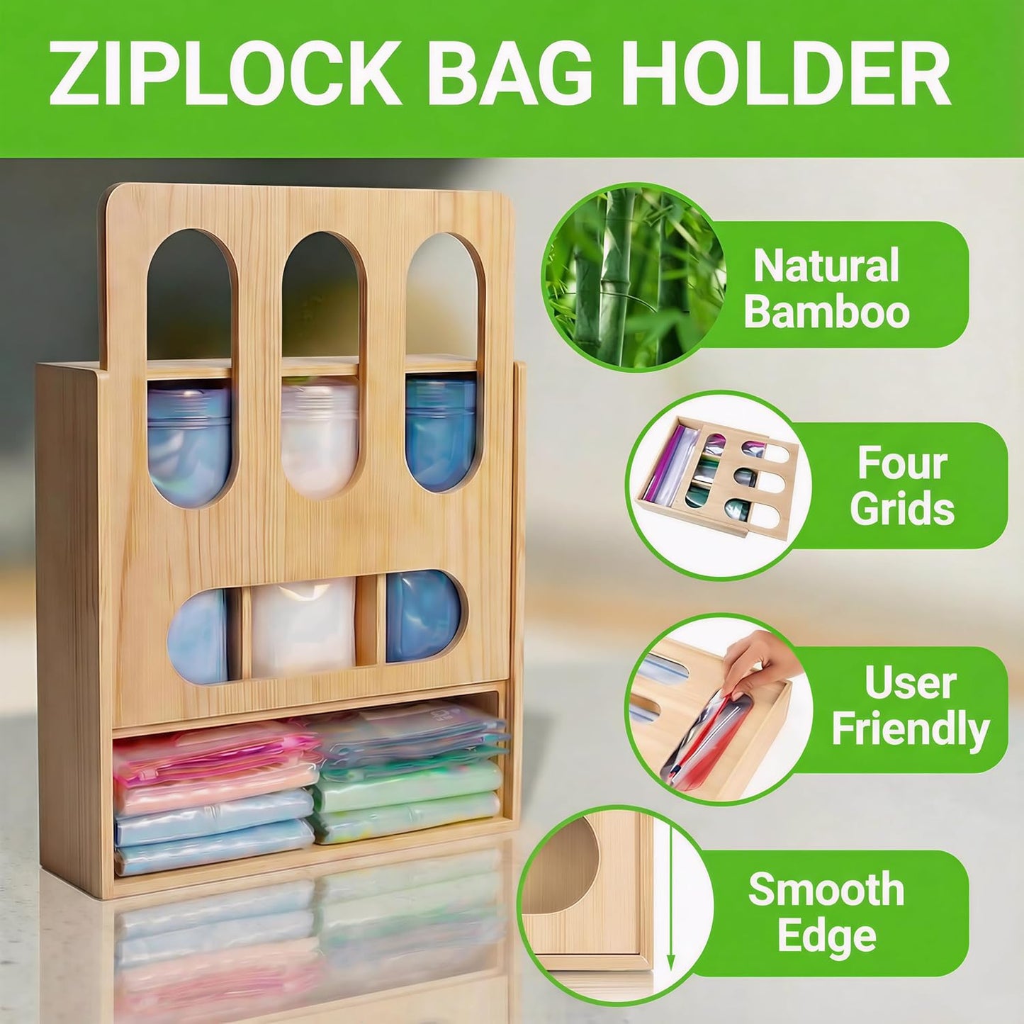 Baggie Organizer for Drawer, Wooden 4 Slot Zip Lock Storage Bag Organizer Holder - Wall Mounted Kitchen Food Baggie Dispenser Compatible with Sandwich Snack Gallon Quart Tea Slider Bags