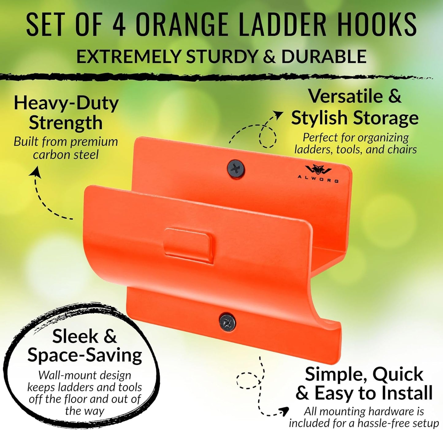 Ladder Holders - Set of 4 Garage Hooks - Orange Wall Mount Heavy Duty Ladder Hangers and Brackets