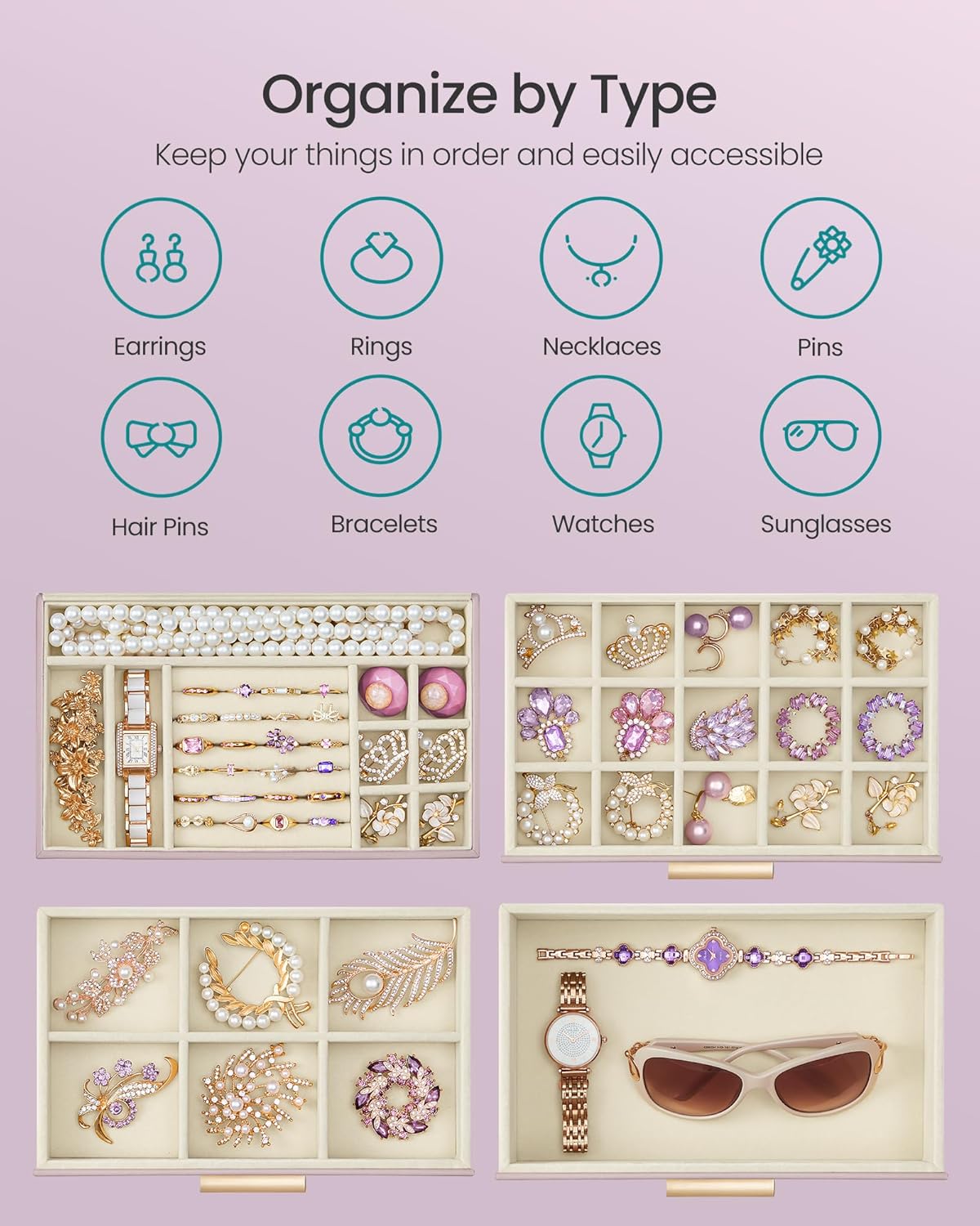 SONGMICS Jewelry Box Organizer with Glass Lid, 4-Layer Jewelry Storage, with 3 Drawers, Modern Style, Christmas Gift, 6 x 9.9 x 8.5 Inches, Lavender Purple and Gold Color UJBC161P01
