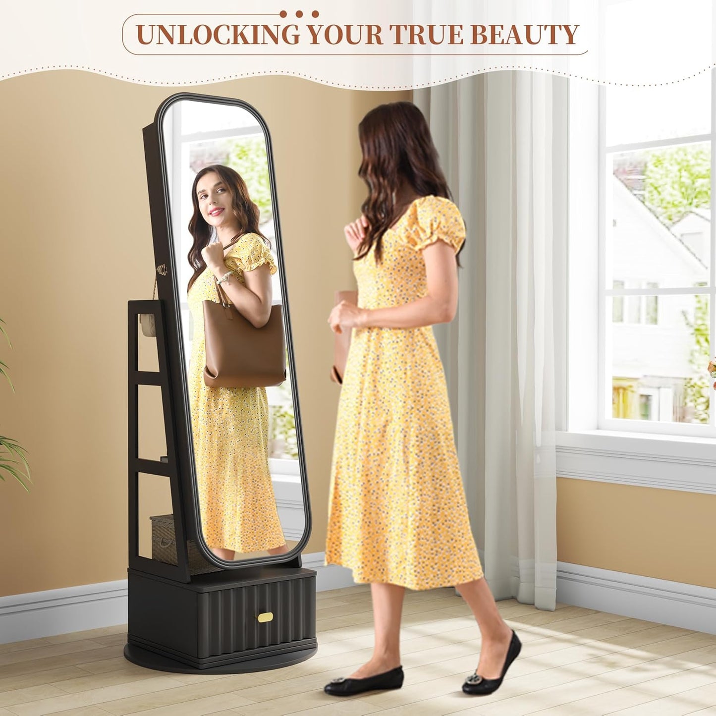 61" Full Length Mirror Jewelry Cabinet with Storage – Rotating, Lockable Jewelry Armoire with Velvet Lining, Standing Organizer for Women – Ideal Gift for Jewelry Storage & Display, Black