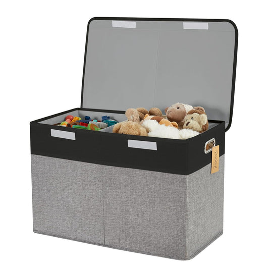 Large Toy Box with Flip-Top Lid, Collapsible Storage Organizer Bins with Dividers and Handles, Kids Bin Chest Baskets for Toys, Playroom Organizers, Nursery 25"x13" x16" (Balck & Gray)