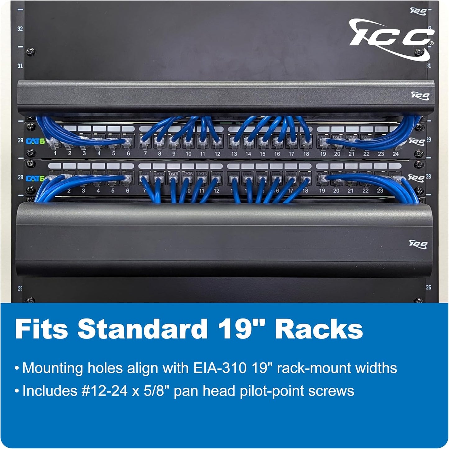 ICC 1U Ring Cable Manager Panel with Cover, Plastic with Metal Back Frame, 4" D-Rings, Horizontal Cable Management, Rackmount for 19” Network Racks, Black, Single Pack