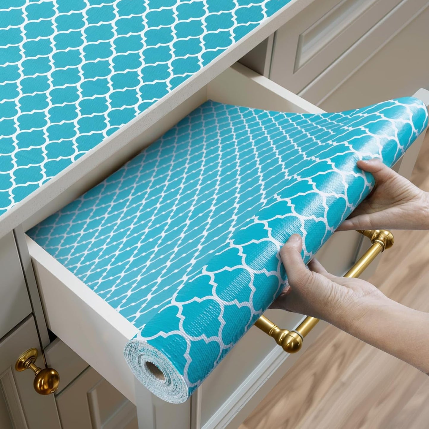 Shelf and Drawer Liner for Kitchen Cabinets Non-Adhesive, Strong Grip Non-Slip Thickened Cabinet Liners for Shelves, Waterproof Mats for Dresser Cupboard, Green/White, 23 in x 10 Feet
