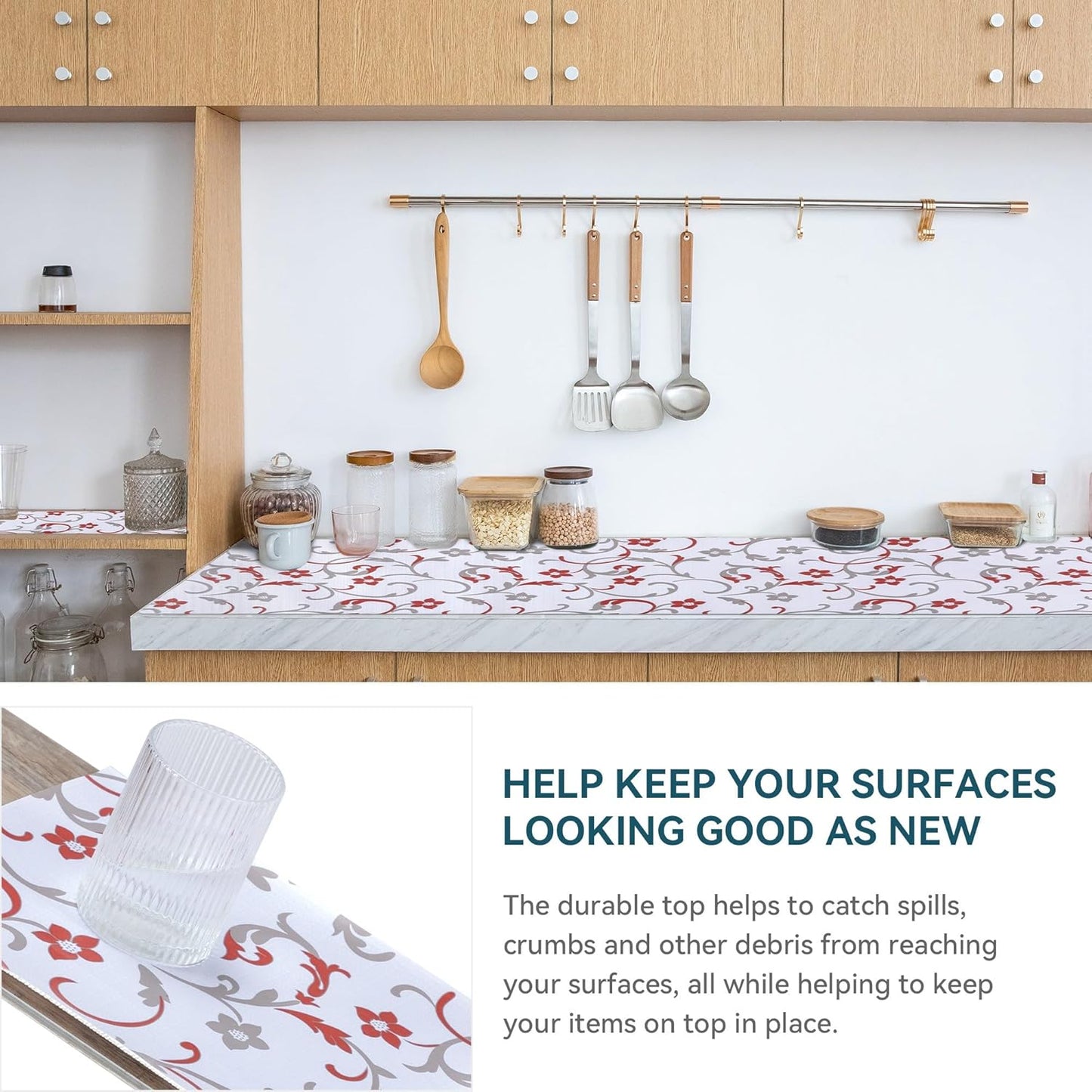 2 Rolls 18" W x 96" L Floral Drawer and Shelf Liner for Cabinets, Non-Adhesive Strong Grip Non-Slip Flower Shelf Cabinet Kitchen Shelf Liners for Kitchen Cabinets