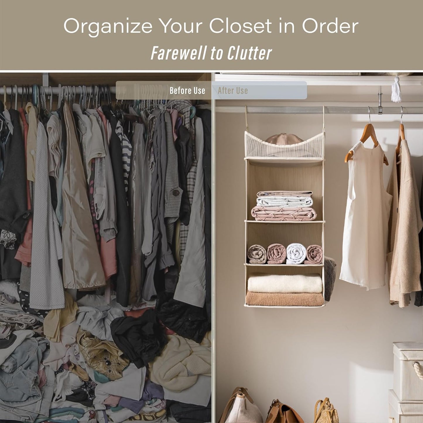 StorageWorks 3-Shelf Hanging Closet Organizer, Adjustable Hanging Closet Organizers and Storage, 12 ¾”W x 12 ¾”D x 32”H, White & Ivory
