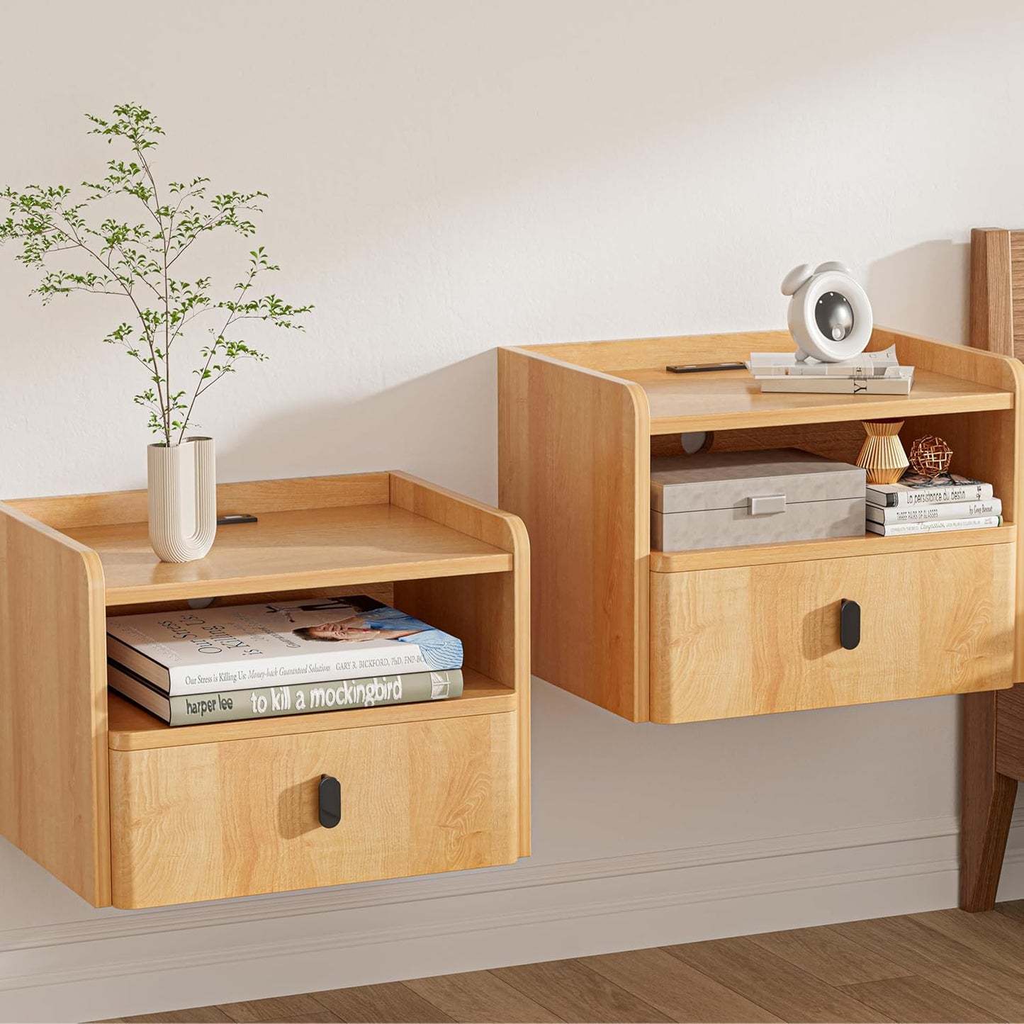 Floating Nightstand Set of 2, Modern Wall Mount Bedside Table with Drawer & Open Shelf, Space-Saving Night Stands with Charging Station, Natural Wood Finish for Bedroom