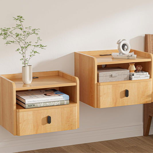 Floating Nightstand Set of 2, Modern Wall Mount Bedside Table with Drawer & Open Shelf, Space-Saving Night Stands with Charging Station, Natural Wood Finish for Bedroom
