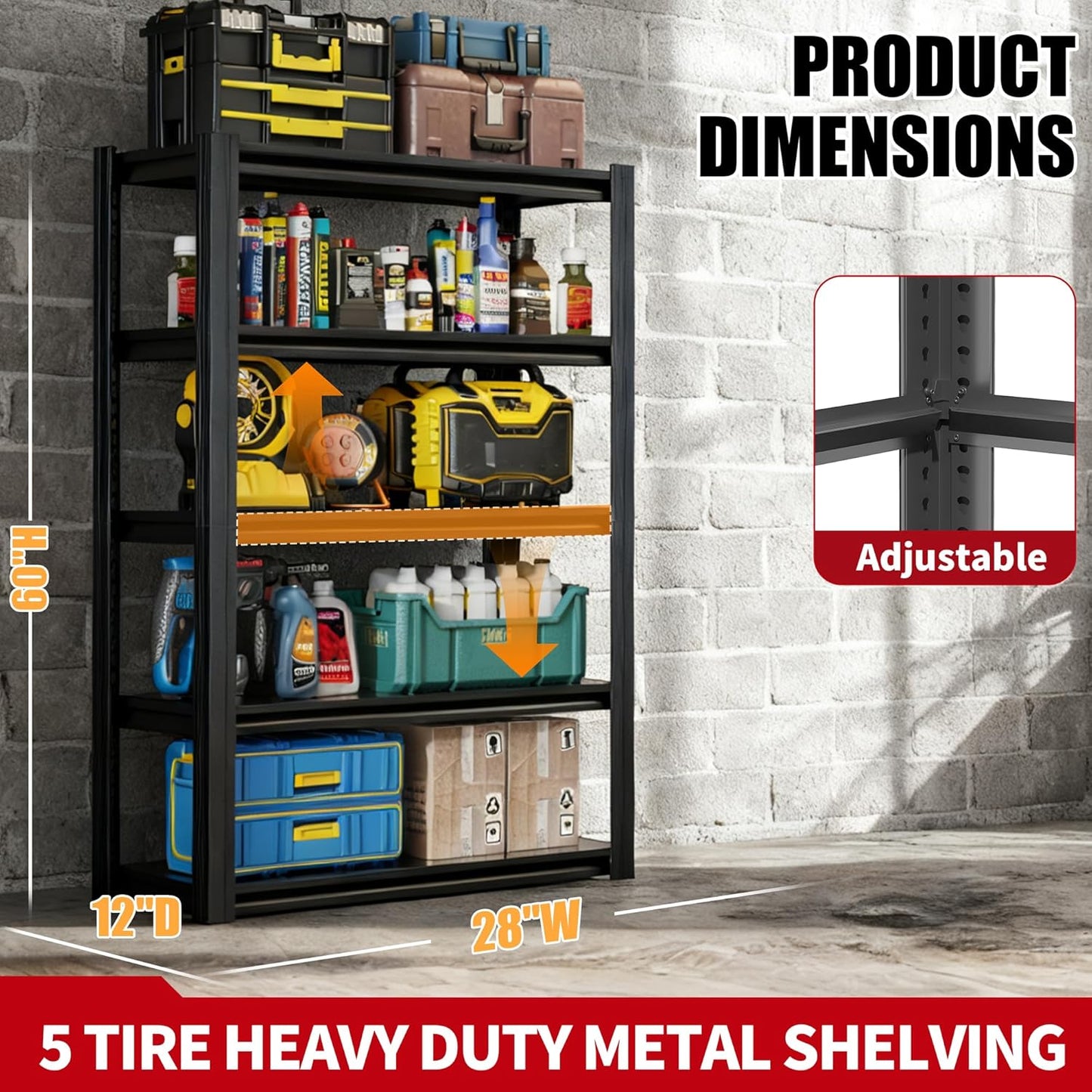 Heavy Duty Garage Shelving, Metal Storage Shelves, Adjustable 5 Tier Metal Shelving Unit, Industrial Utility Rack for Garage, Warehouse, Workshop, 12" D×27.5" W×60" H, Black