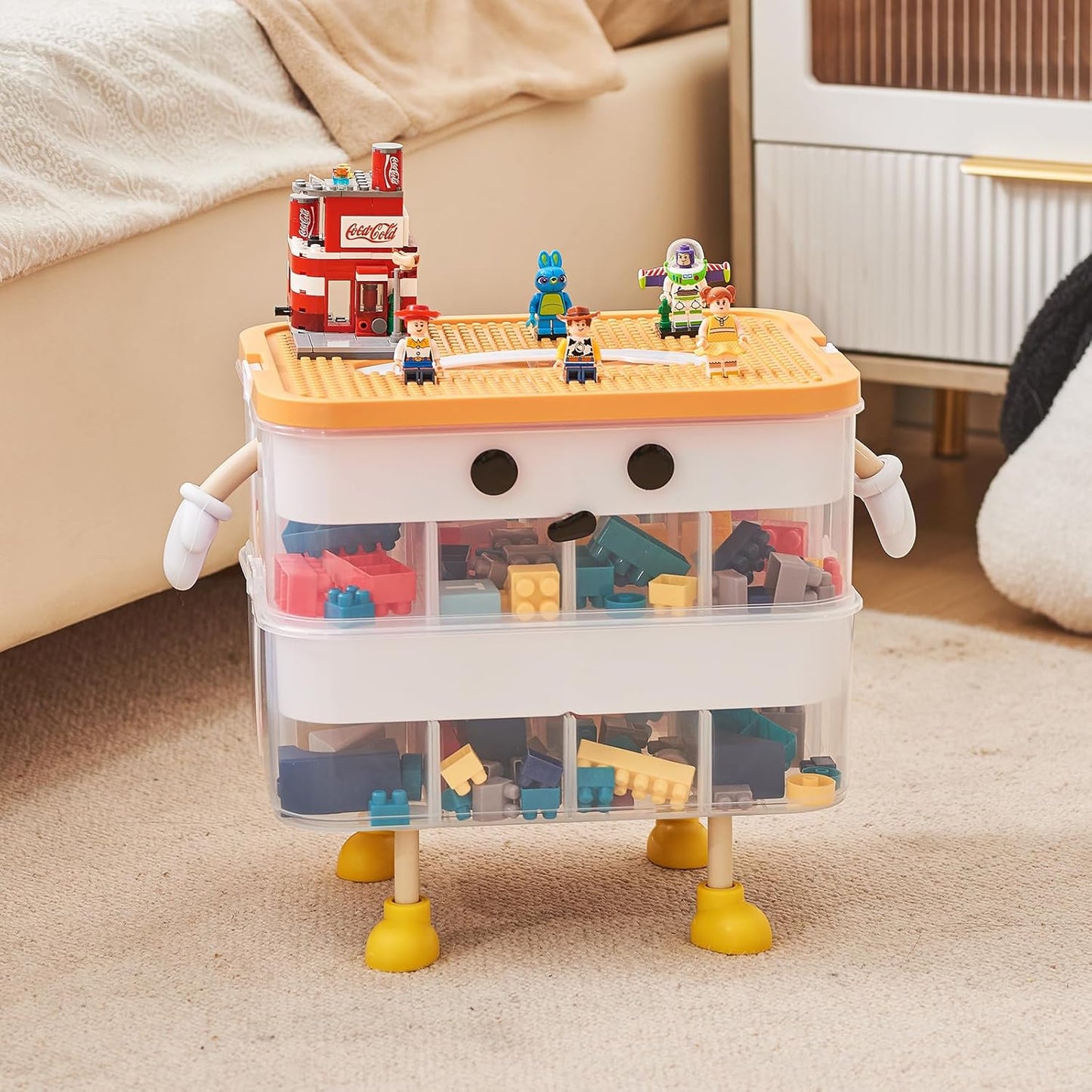 Organizers Storage Box for lego: Plastic Stackable Storage Case with Building Blocks Lids, Containers with Carrying Handle and Adjustable Grid Organizers, 3 Layer Orange
