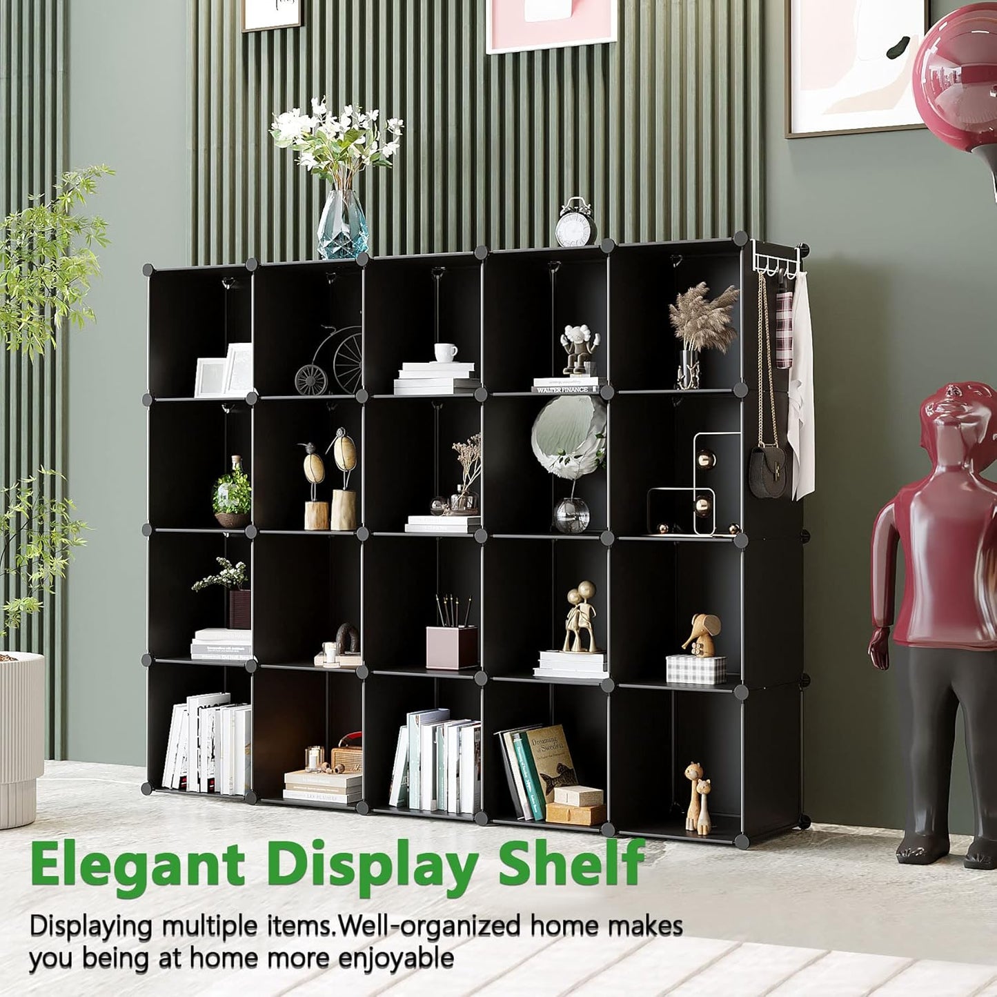 C&AHOME Cube Storage Organizer, 20-Cube Shelves Units, Closet Cabinet, DIY Plastic Modular Book Shelf, Ideal for Bedroom, Living Room, Office, 48.4" L x 12.4" W x 60.6" H Black UPCS20H