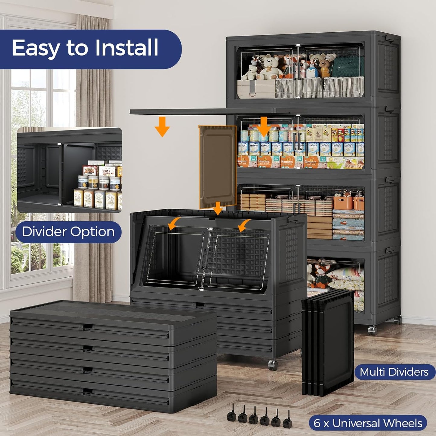 120Gal Stackable Storage Bins with Lid, 480Qt Extra Large Collapsible Storage Box with Wheels, Dividers, Folding Plastic Cabinet Closet Organizers for Home Kitchen Office Dorm, 3Pack Black