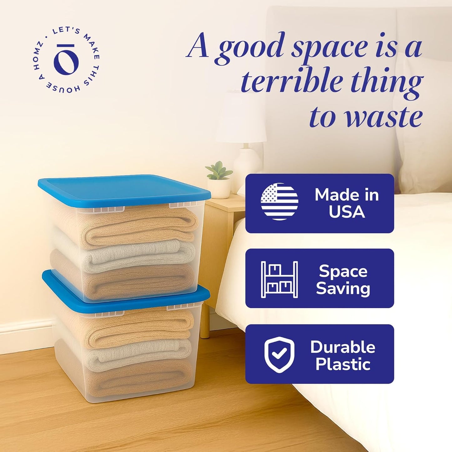 HOMZ 2-Pack Snaplock, Large Clear Plastic Storage Organizer Bins w/Lids, 56 Quart, Blue - Stackable Container Boxes for Bedroom, Bathroom, Garage, and Office Organization