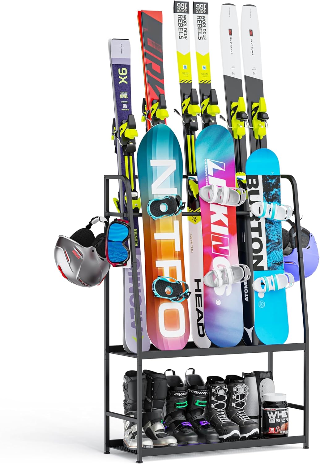 Ski Rack for Garage,Freestanding Snowboard Rack for Ski,Snowboard, Ski Boot, Ski Poles, Goggles, Helmet and More, Heavy Duty Steel Floor Stand Ski Organizer for Garage Basement