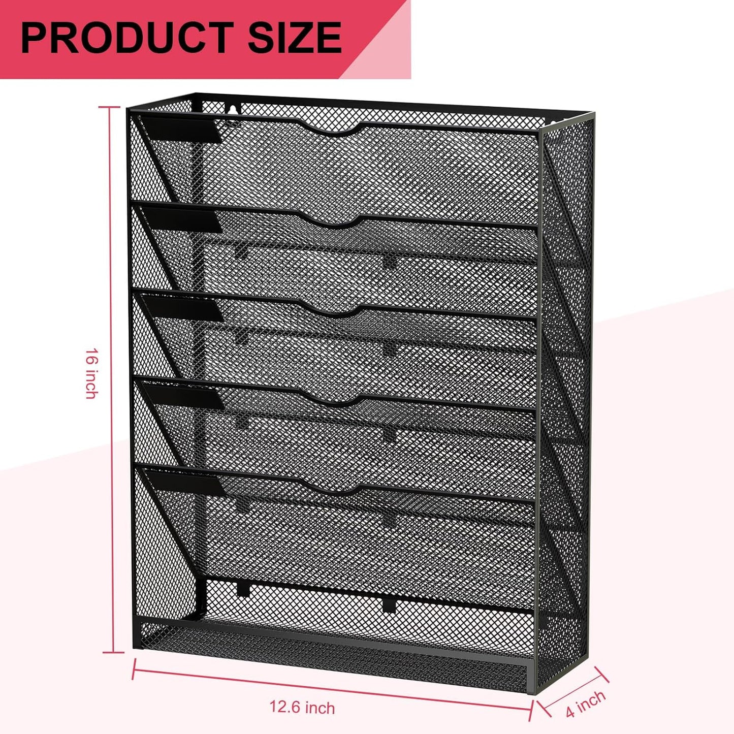Hanging Wall File Organizer 6 Tier Wall Mounted Mail Paper Folder Holder Document Organization Stand, Vertical Desk Magazine Rack for Office Home Cubicle Countertop, Black
