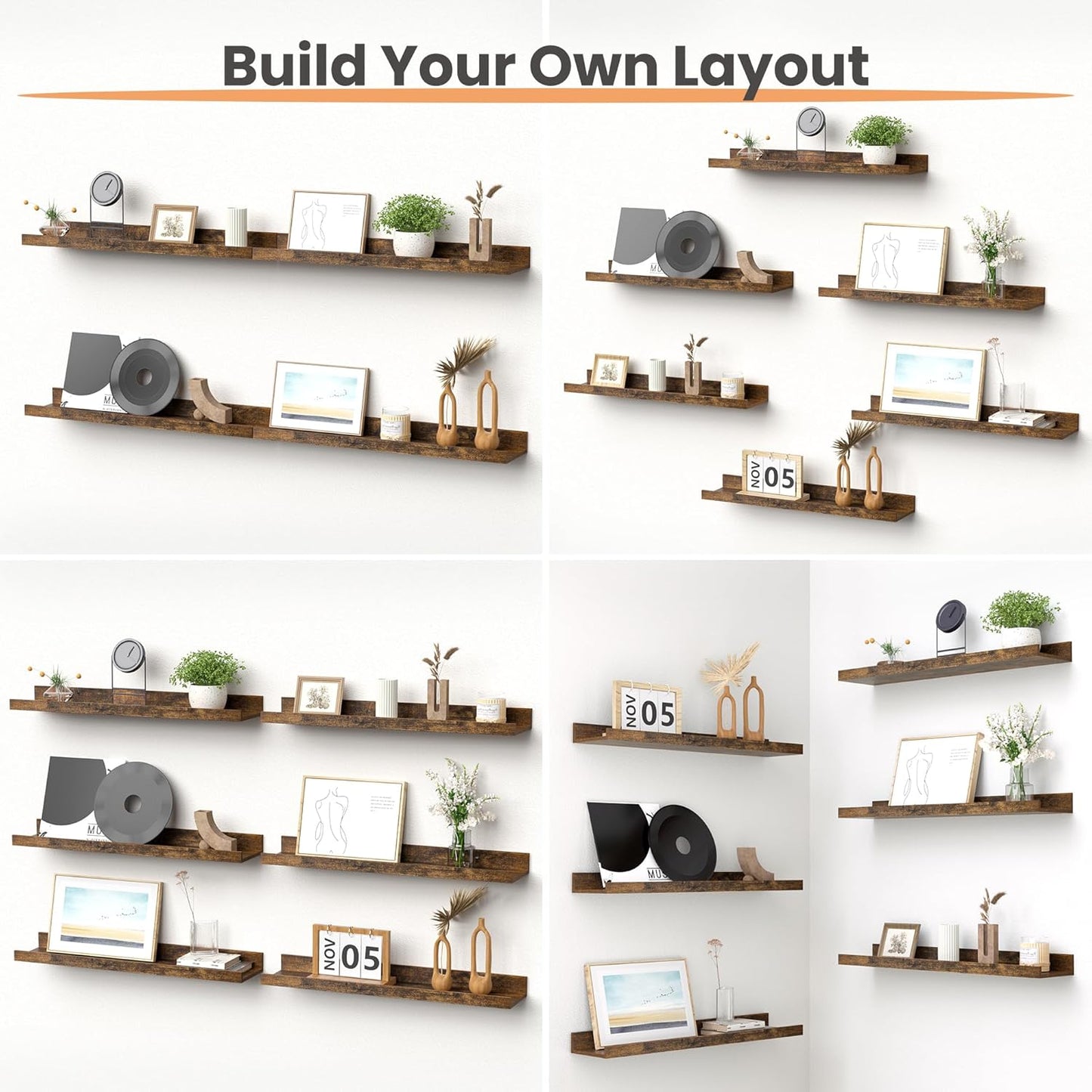 upsimples Floating Shelves for Wall, 23.6 Inch Shelves for Decor Storage Set of 6, Wall Mounted Wood Shelf for Bedroom, Living Room, Bathroom, Kitchen, Long Picture Ledge Shelves, Brown