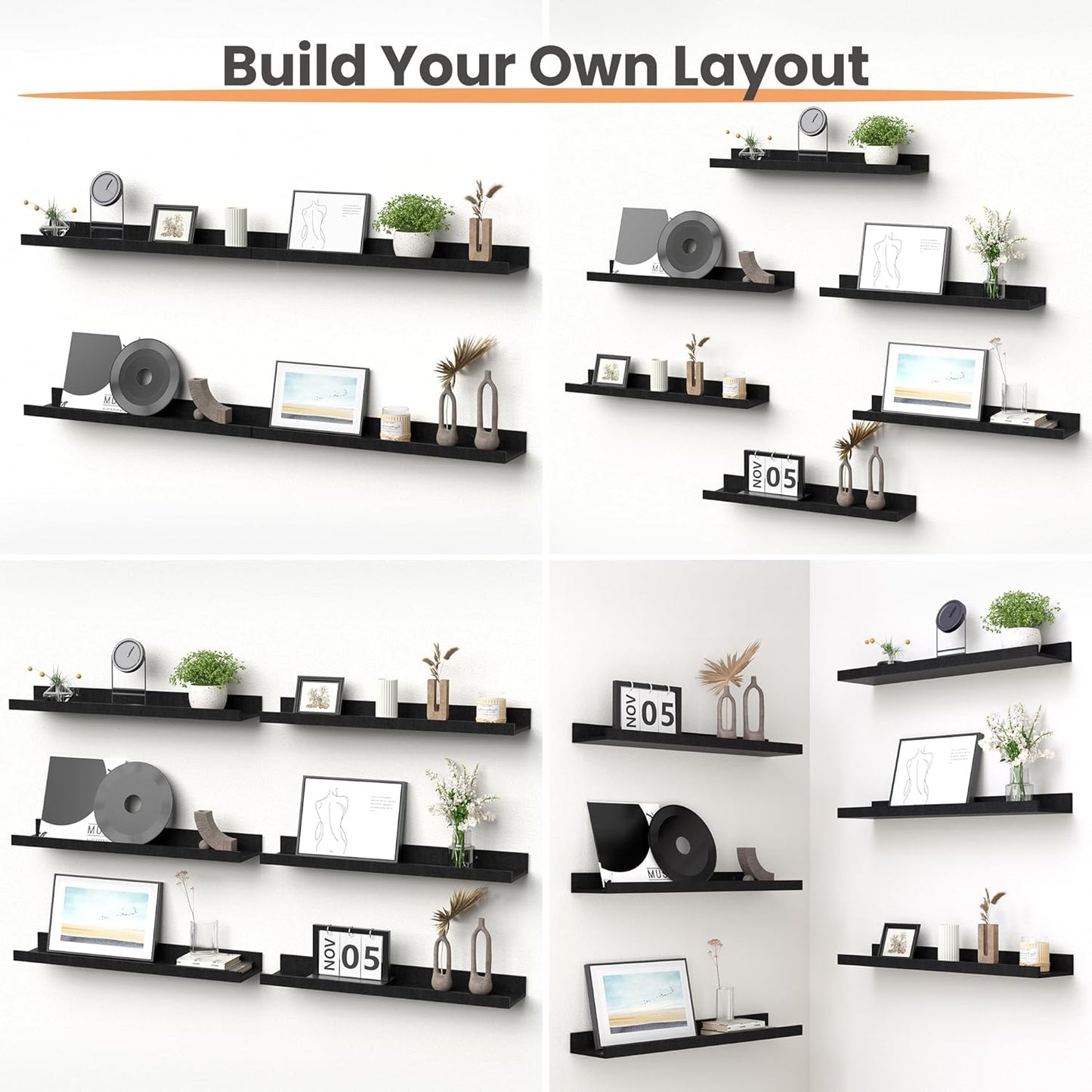 upsimples Floating Shelves for Wall, 23.6 Inch Shelves for Decor Storage Set of 6, Wall Mounted Wood Shelf for Bedroom, Living Room, Bathroom, Kitchen, Long Picture Ledge Shelves, Black