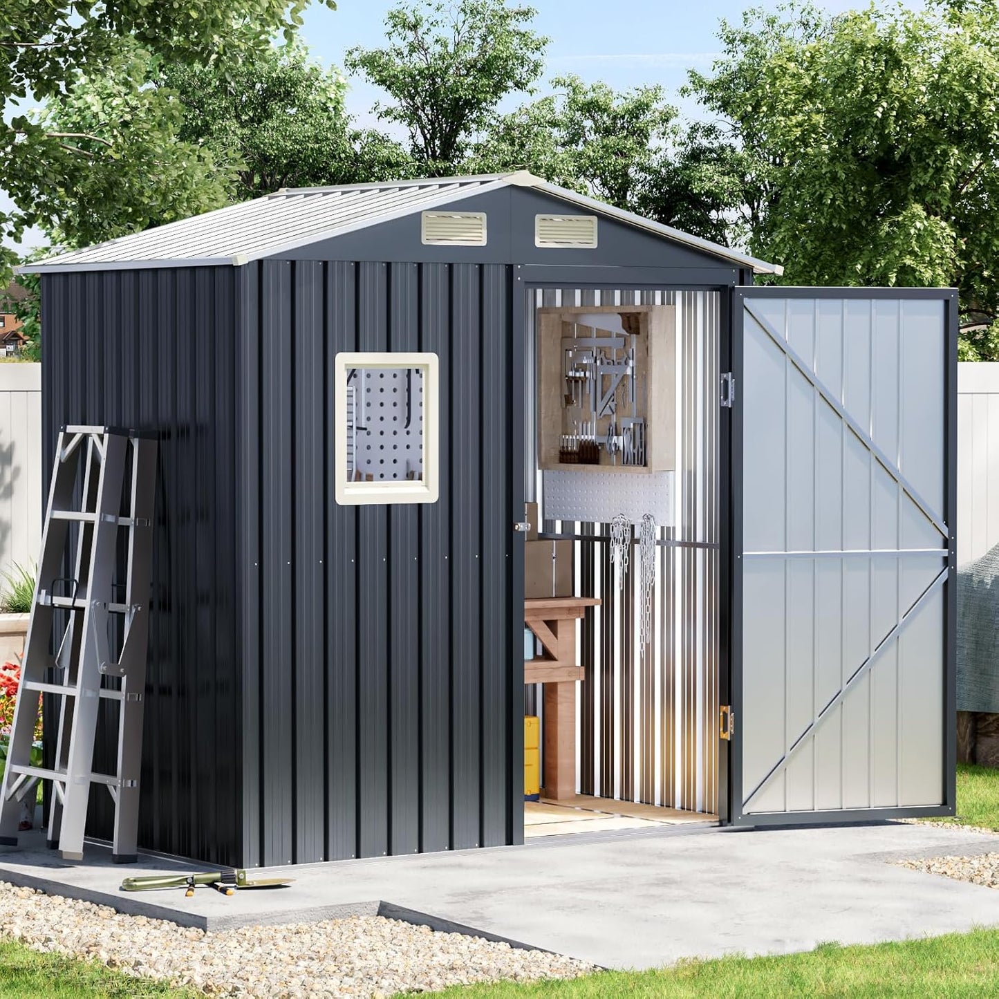 Update Version 6x4 FT Outdoor Metal Storage Shed, Single Door, 1 Clear Window, Tool Shed for Garden, Patio, Backyard Brown