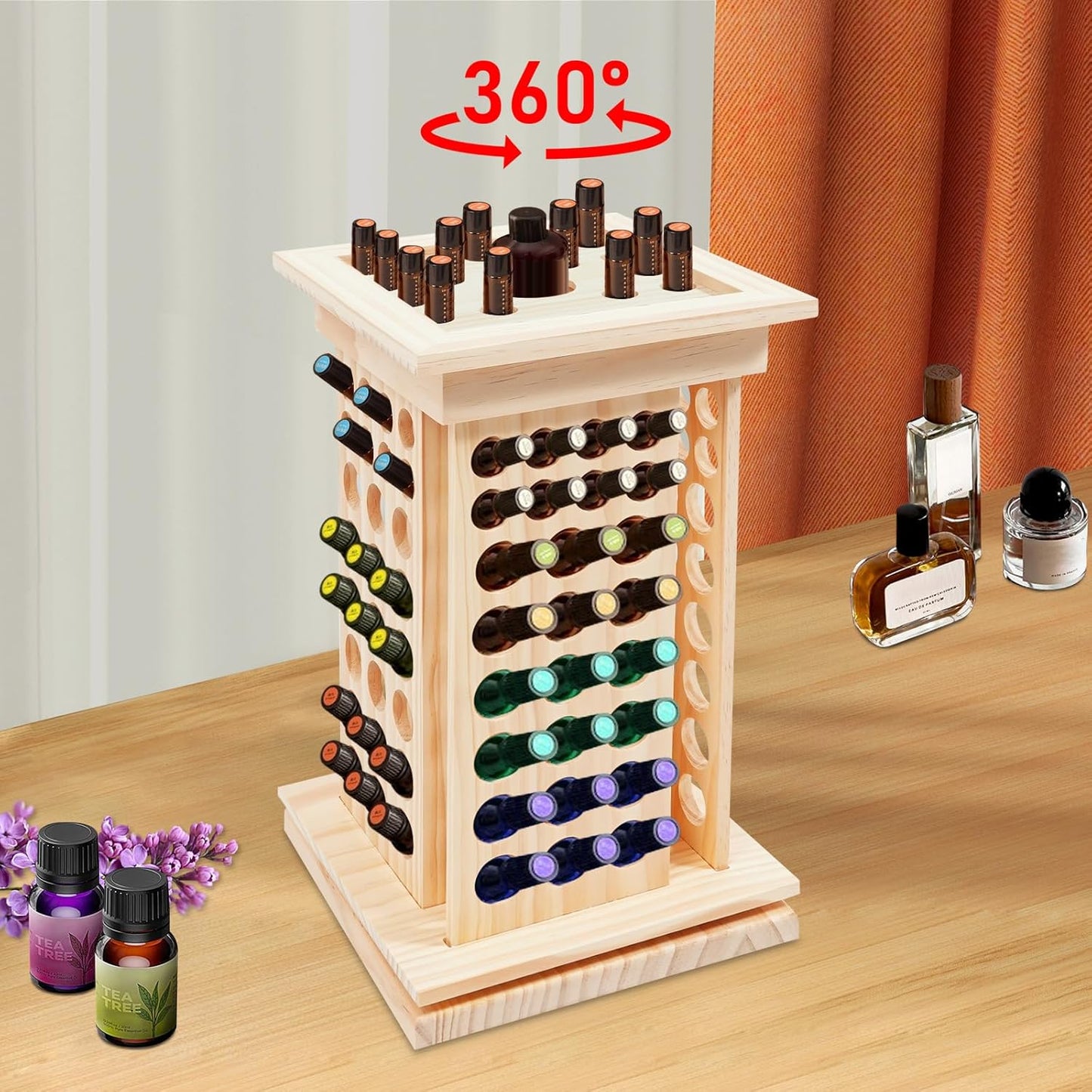 125-Slot Wooden Essential Oil Display Rack, Rotating 360° Organizer for 0.5oz/0.17oz Bottles, Lipsticks, Nail Polish, Vertical Space-Saving Countertop Holder for Home, Spa, Salon, 9.25*16.14in