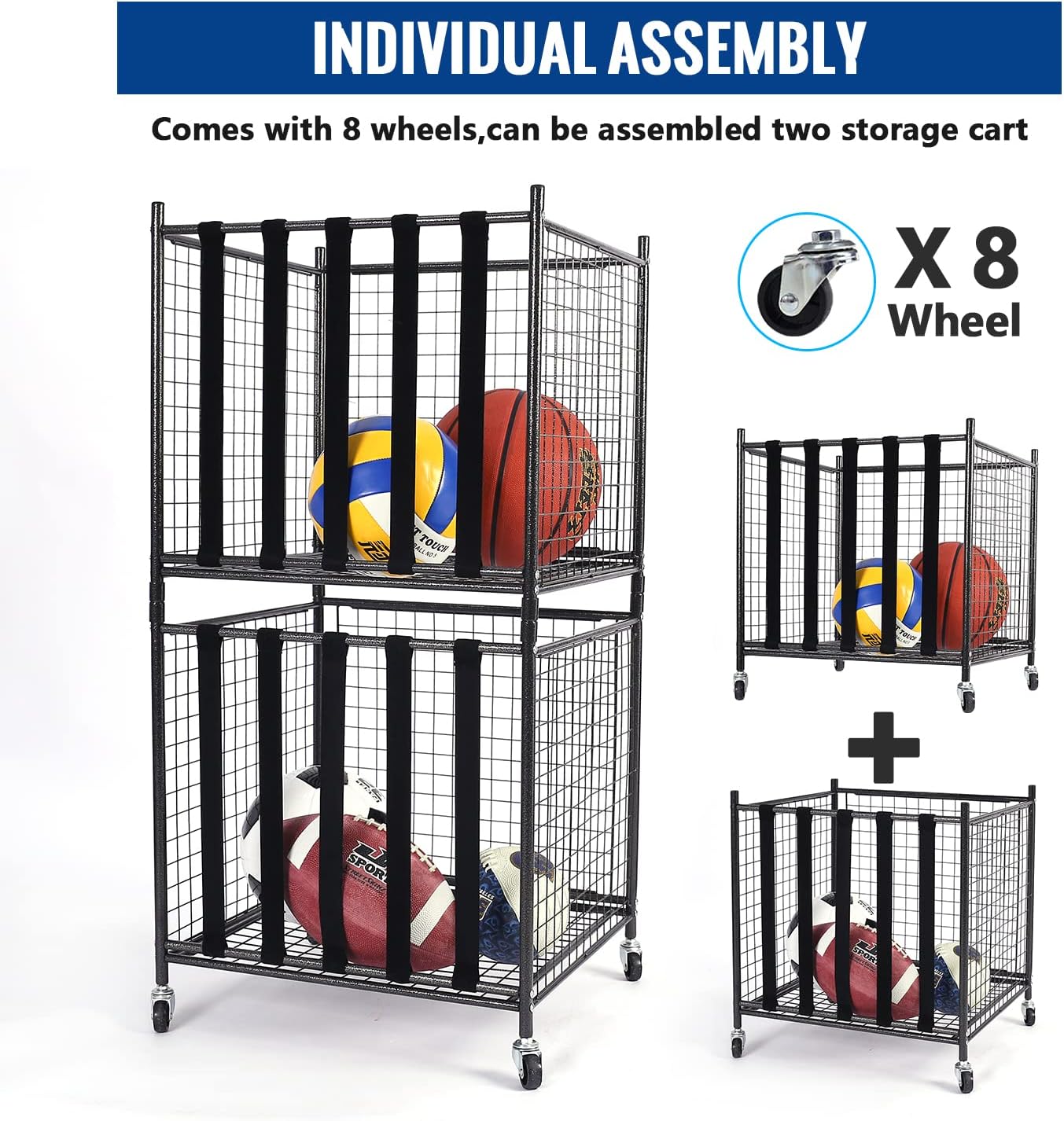 Mythinglogic Rolling Sports Ball Storage Cart, Sports Lockable Ball Storage Locker with Elastic Straps, Stackable Ball Cage for Garage Storage Garage Organizer