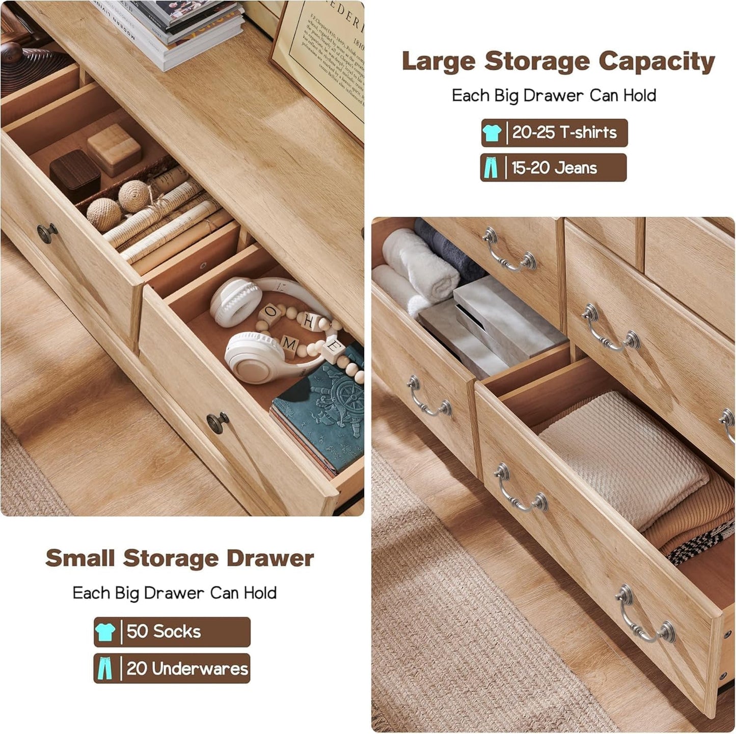 T4TREAM 7 Drawers Dresser Chests for Bedroom, Wood Vintage Chests of Drawers, Rustic Dressers Chset Organizer for Bedroom, Living Room, Hallway, Natural Oak