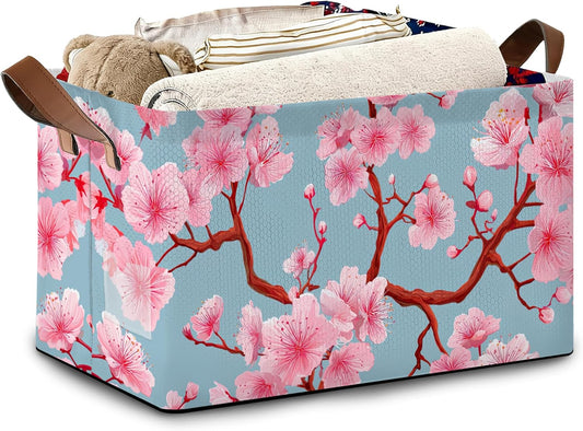 Cherry Blossoms Collapsible Storage Box,Japanese Organizer Bin with Handles for Room Decoration,Bins Book Basket Box 17x11.5x10Inch