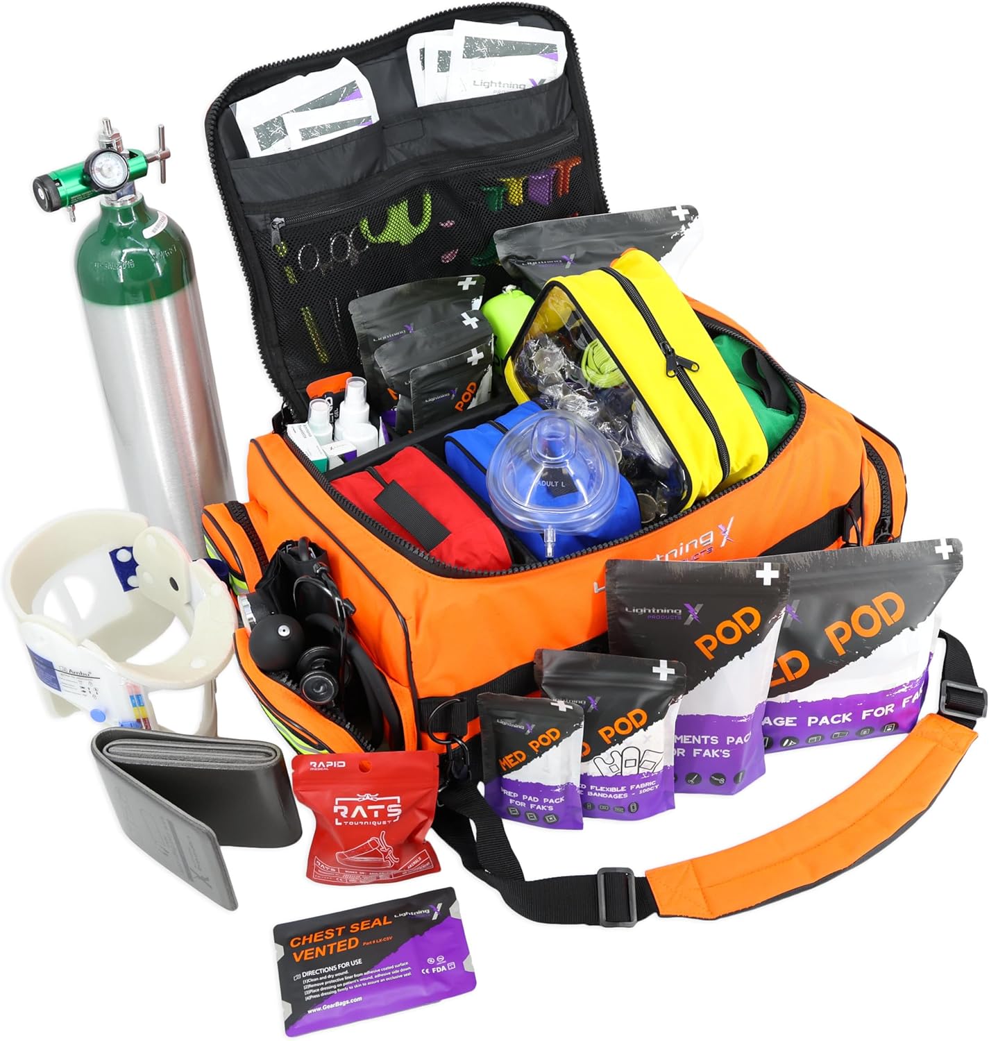 Lightning X Fully Stocked X-Tuff Modular Oxygen Trauma Bag w/ Removable Organizer Pouches for EMS/EMT + First Responder - Orange