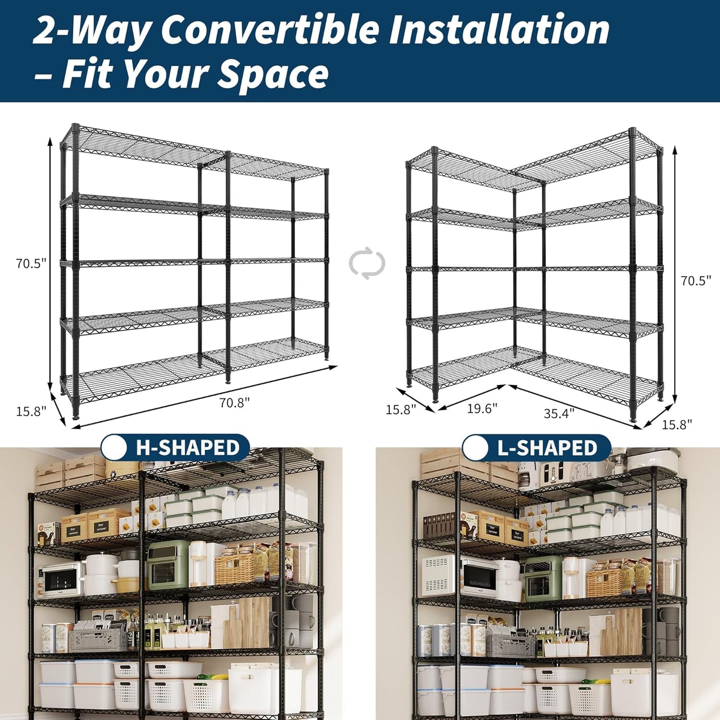 5 Tier Storage Shelving Unit Metal Shelves 70" W Wire Shelving, 70" H L-Shaped Pantry Shelves Kitchen Storage Shelves for Home Commercial Garage Heavy Duty, 70.8" H x 70.4" W x 15.7" D