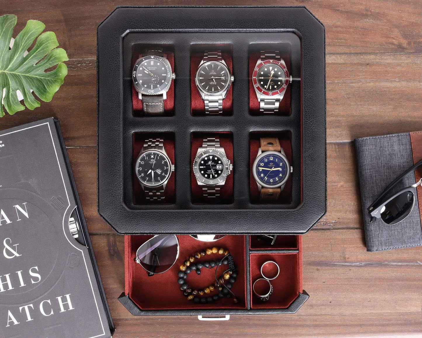 ROTHWELL 6 Slot Leather Watch Box with Valet Drawer - Luxury Watch Case Display Organizer, Microsuede Liner, Locking Mens Jewelry Watches Holder, Men's Storage Boxes Holder Large Glass Top (Black/Red)