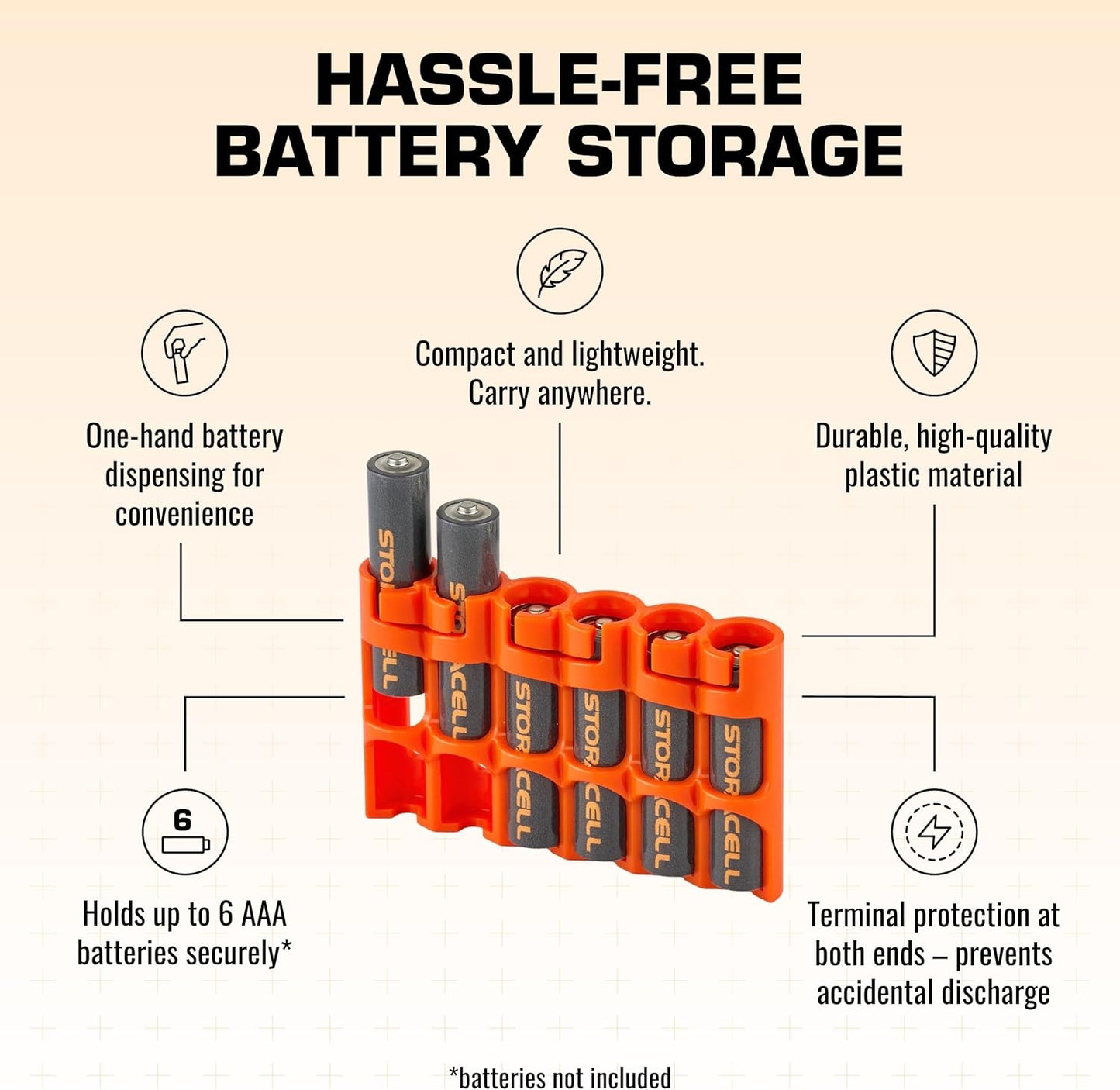 Storacell Slimline AAA-6 Battery Storage Caddy and Dispenser (Pack of 2), Orange, Holds 6 AAA Batteries (Not Included), Durable & Compact Design, The Original Battery Caddy, Made in The USA