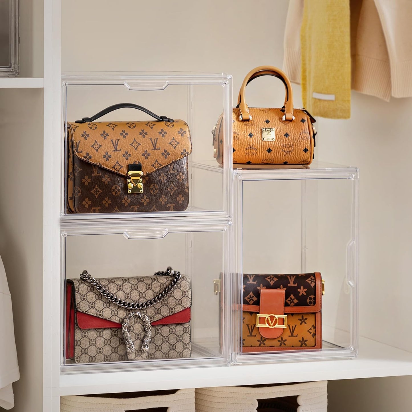 HBlife 14 Pack Purse Storage Organizer for Closet, Large Clear Stackable Handbag Display Case Box with Magnetic Door for Collectibles, Cosmetics, Women Heels and Toys